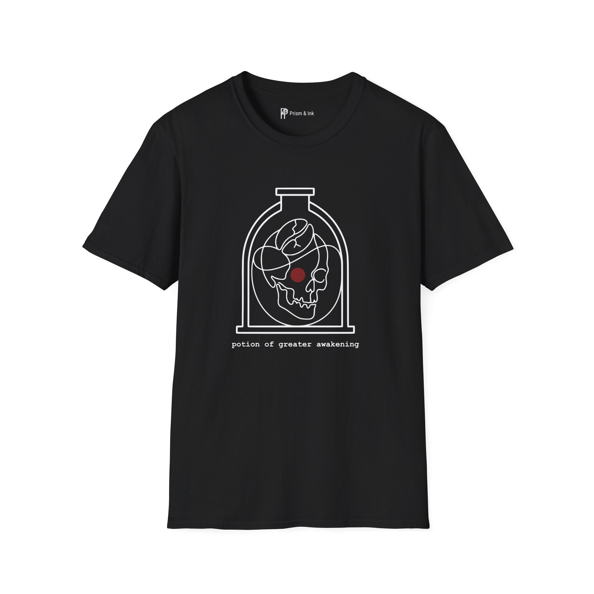 Potion of Greater Awakening T-Shirt — Minimalist Alchemy Flask & Coffee Bean Art