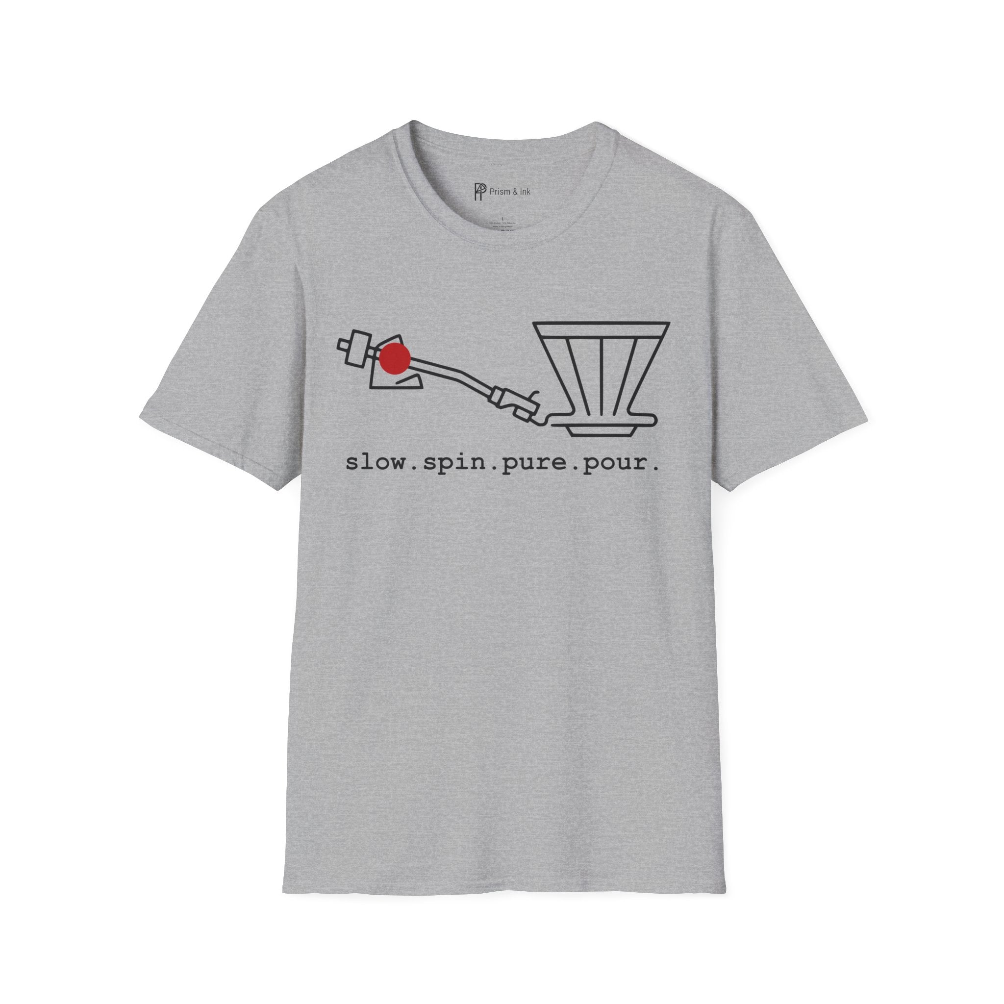 Slow Spin Pure Pour T-Shirt — Minimalist Vinyl Tonearm & Coffee Dripper Art