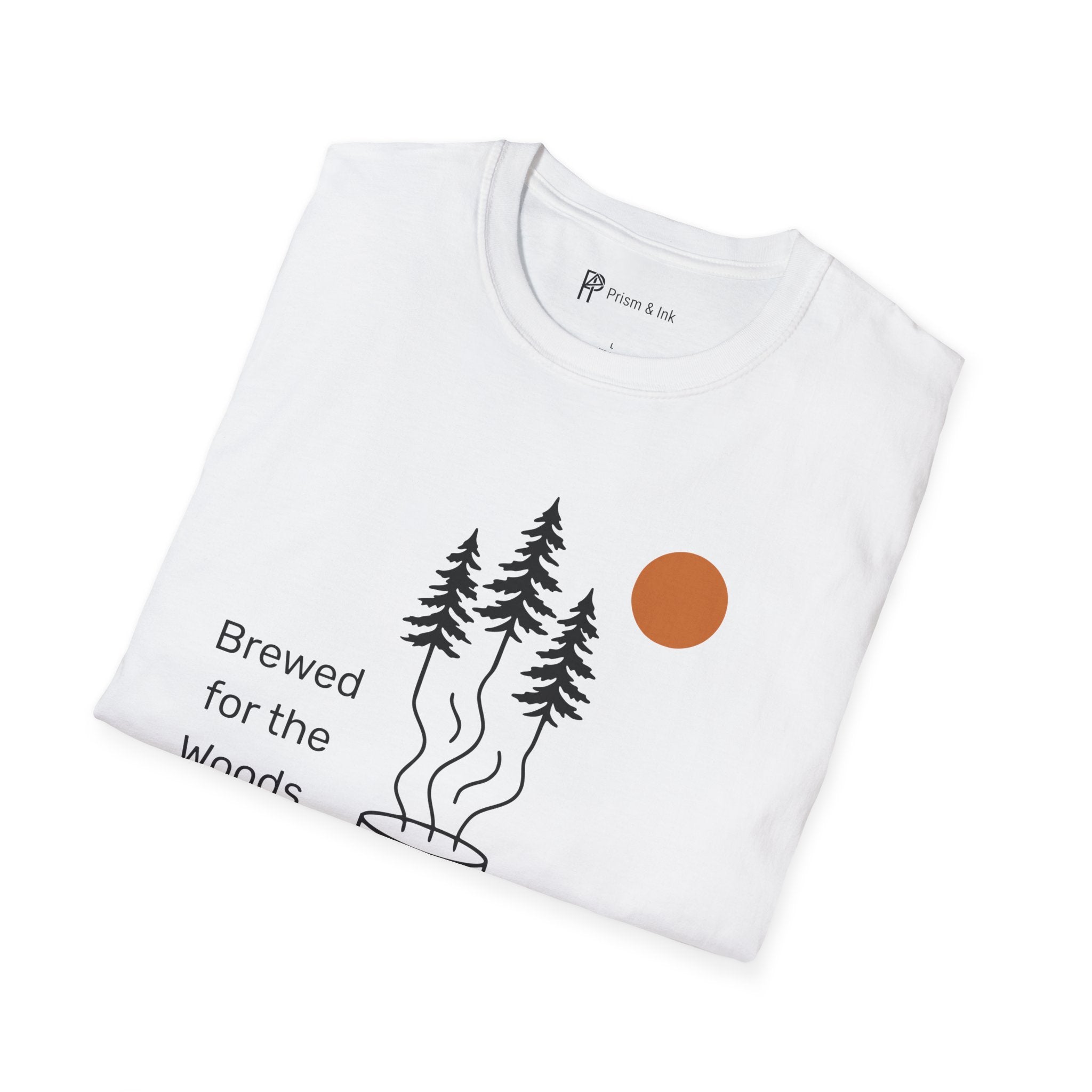 Brewed for the Woods T-Shirt — Coffee Steam Pine Tree Graph