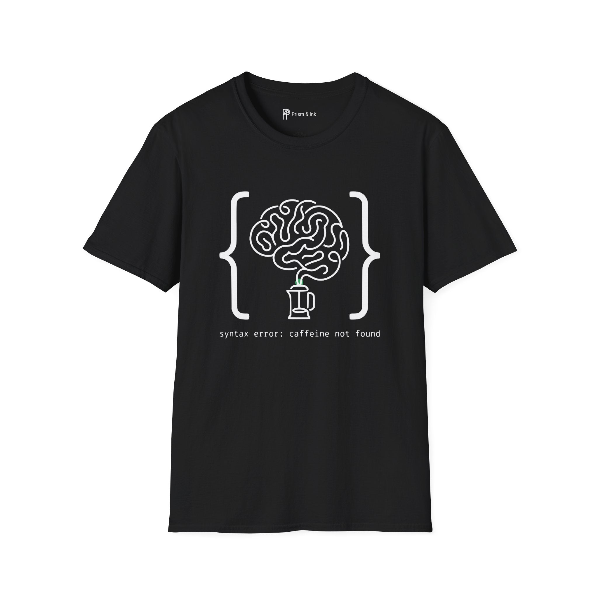 Syntax Error Caffeine Not Found T-Shirt — Minimalist Developer Brain & Coffee Art