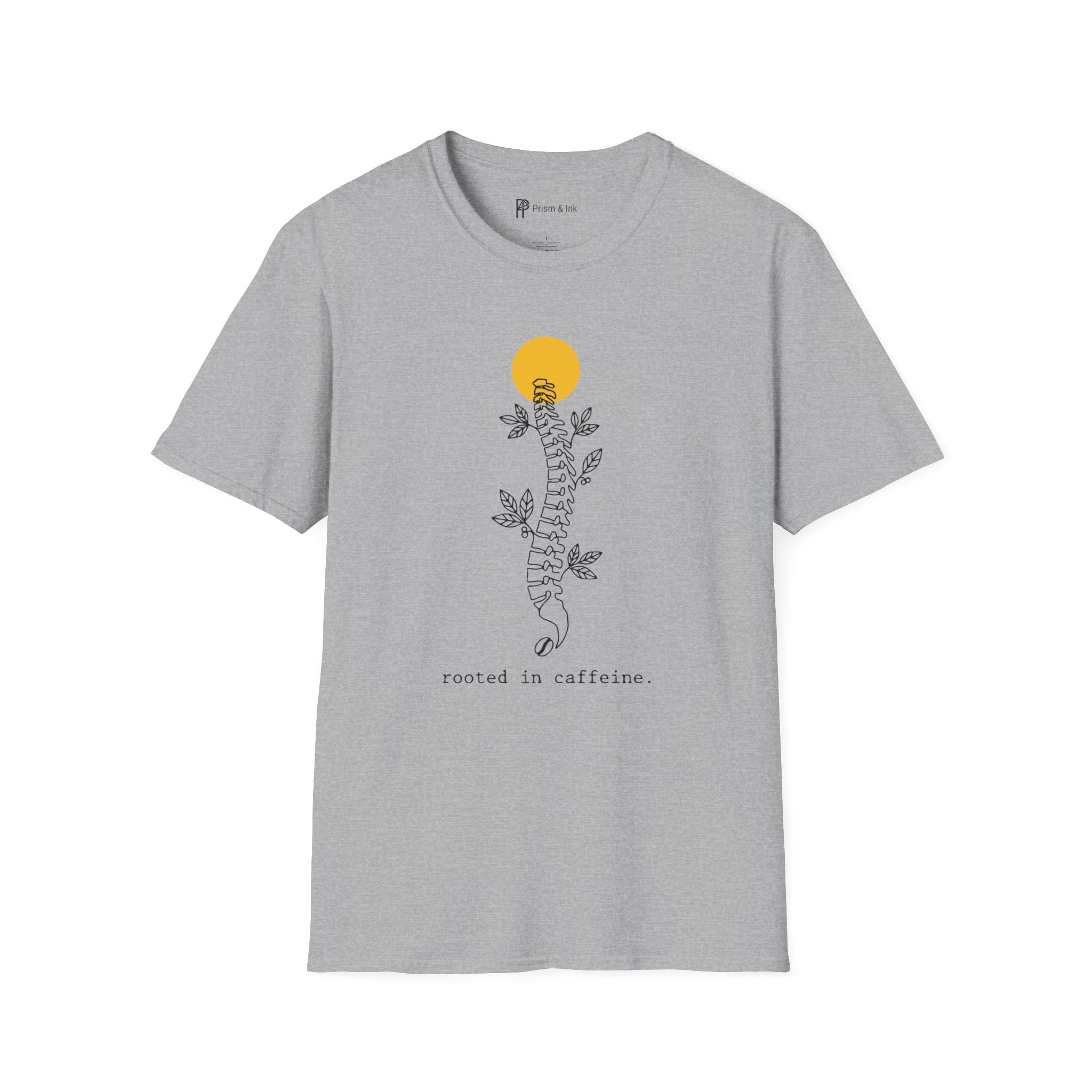 Rooted in Caffeine T-Shirt — Spinal Coffee Branch and Sun Graph