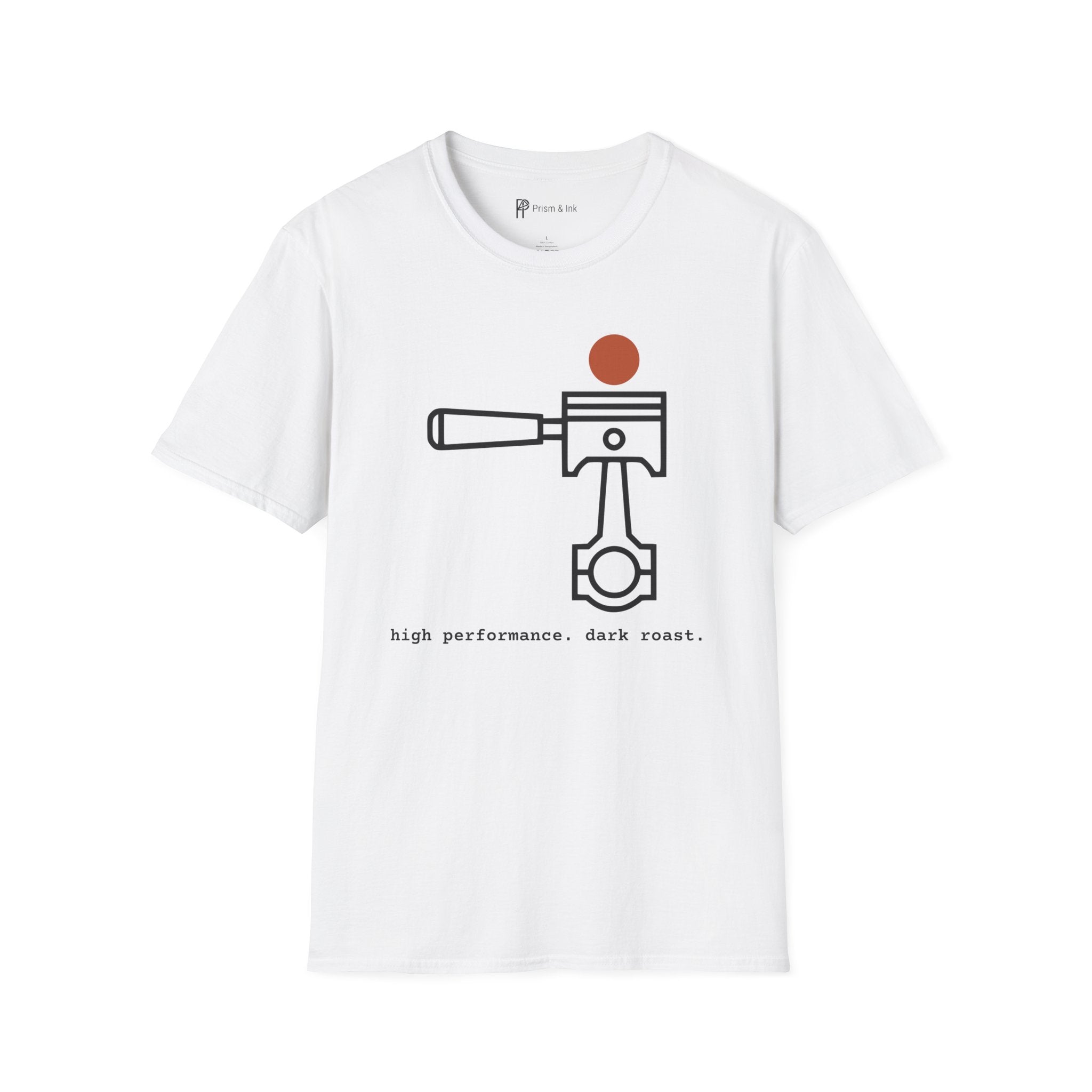High Performance Dark Roast T-Shirt — Minimalist Piston & Portafilter Mechanical Art