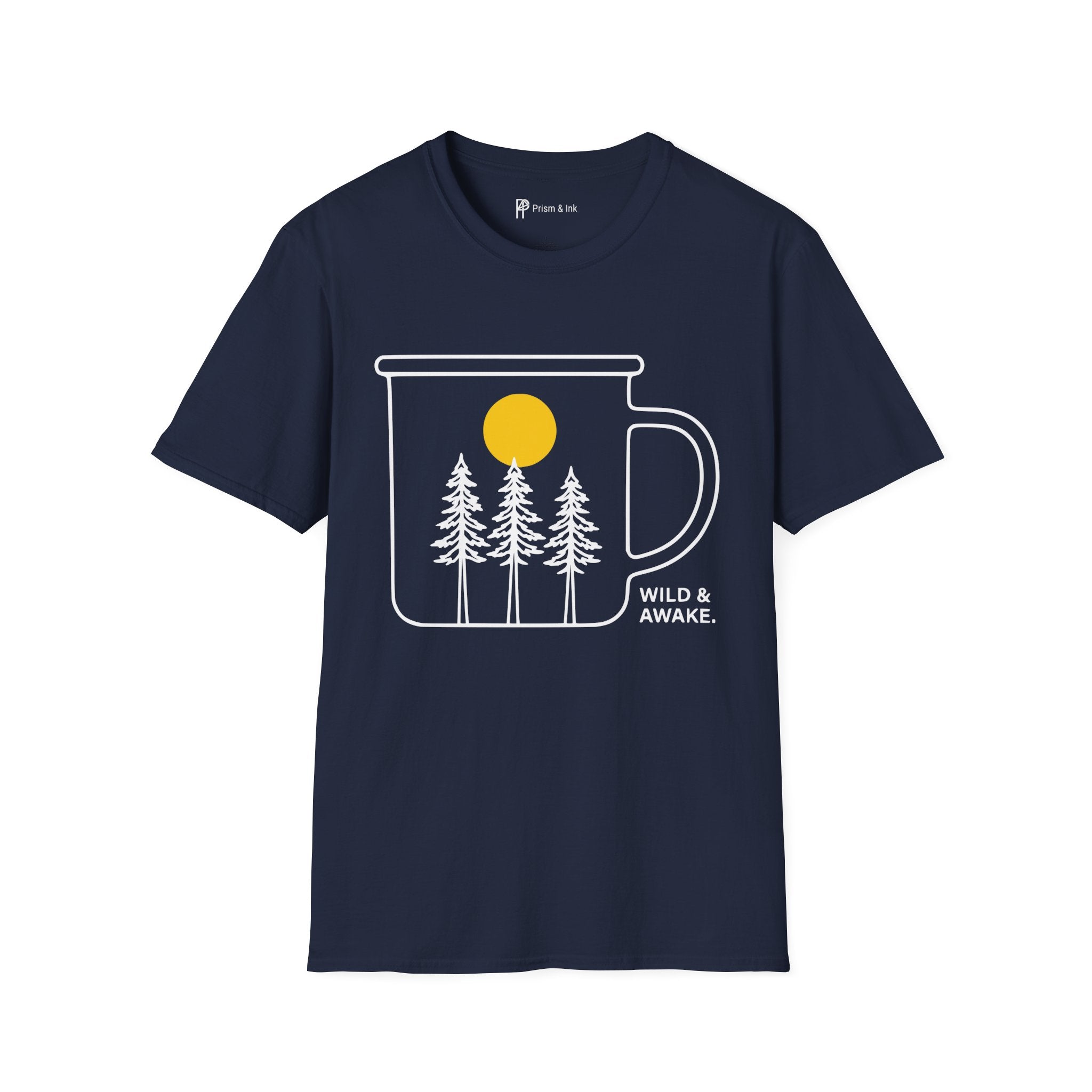 Wild & Awake T-Shirt — Outdoor Enamel Mug and Pine Forest