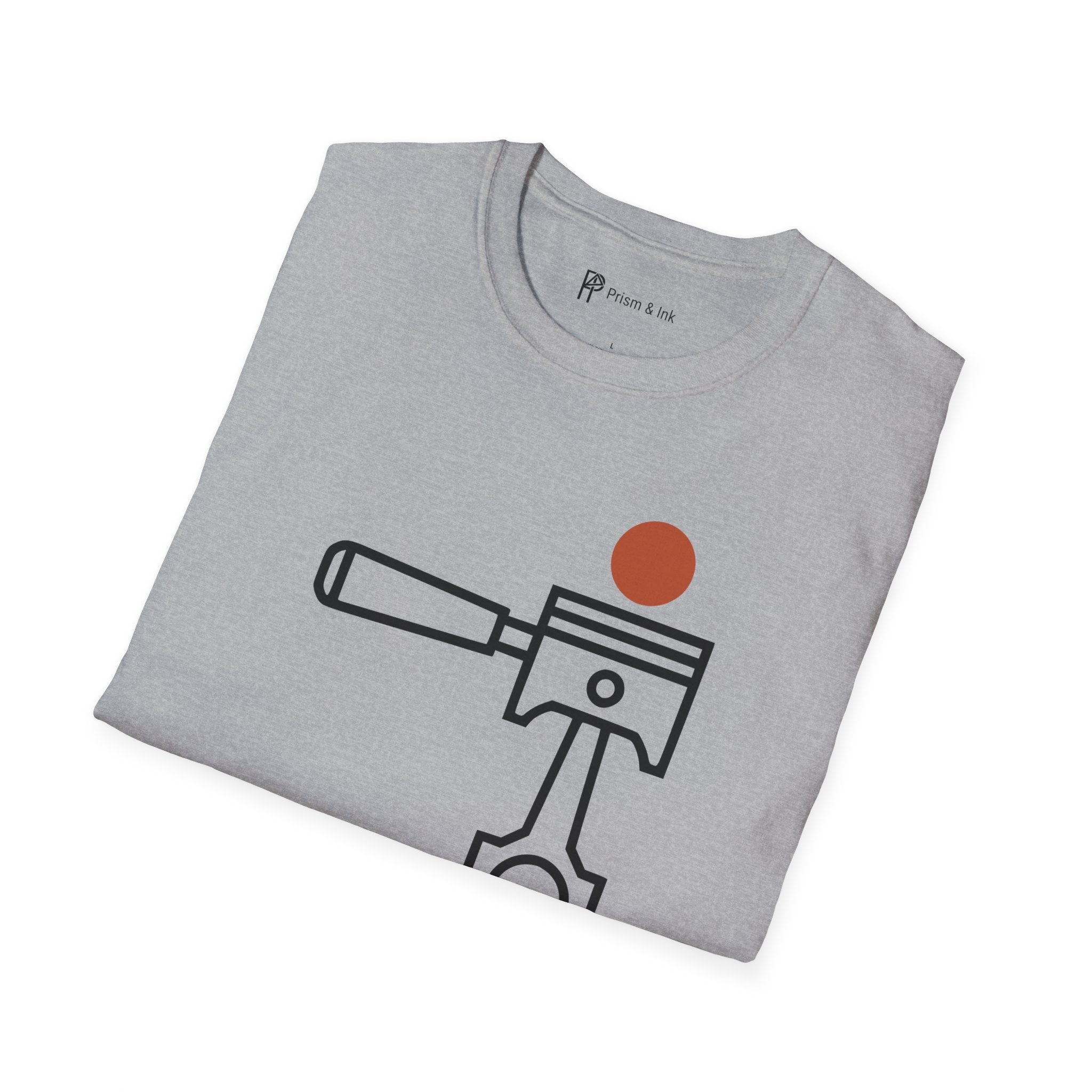 High Performance Dark Roast T-Shirt — Minimalist Piston & Portafilter Mechanical Art