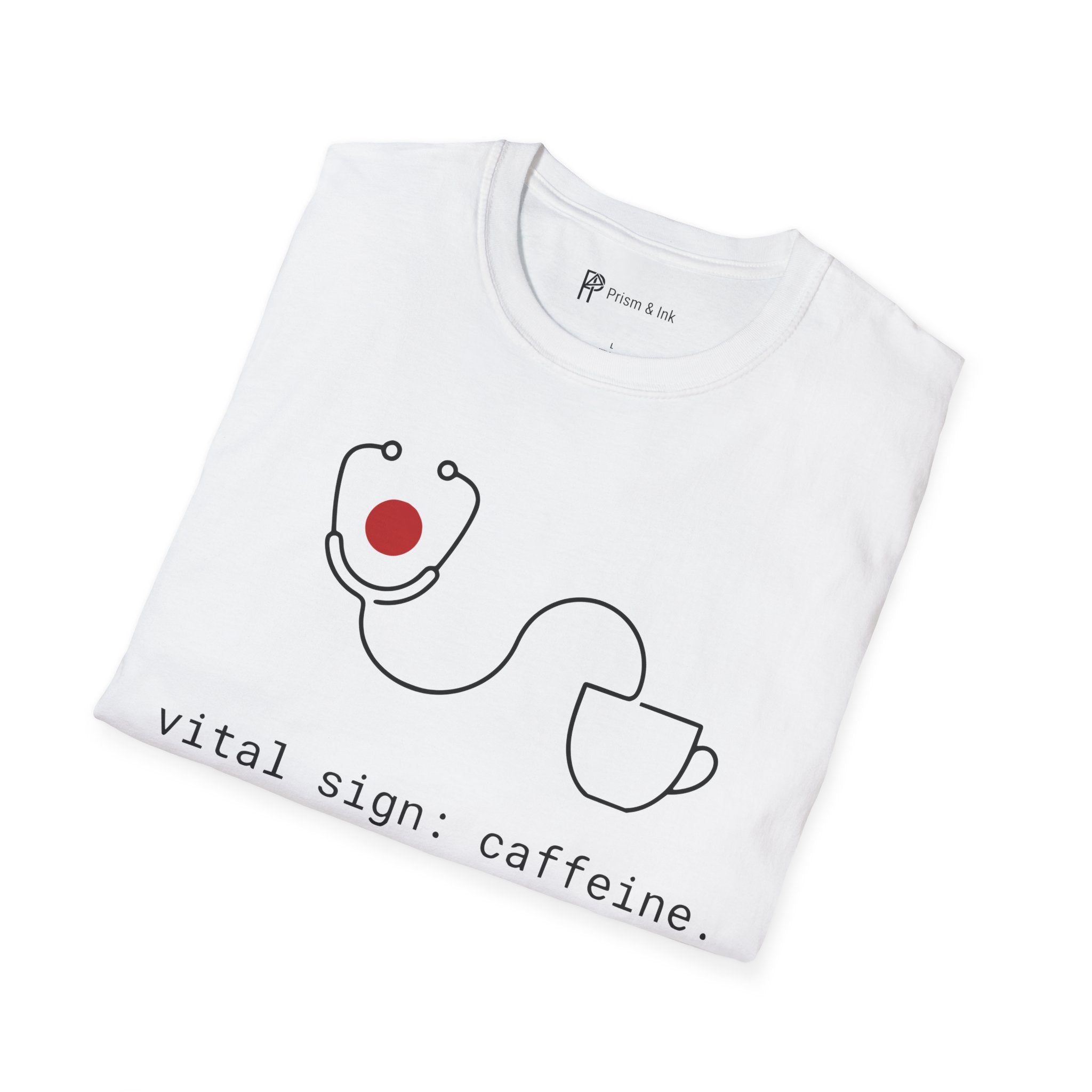 Vital Sign: Caffeine T-Shirt — Minimalist Stethoscope & Coffee Art