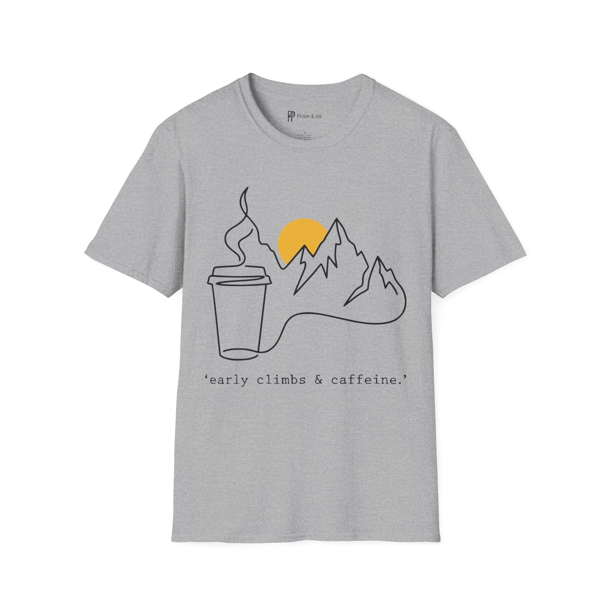 Early Climbs & Caffeine T-Shirt — Minimal Mountain and Mug Line Art