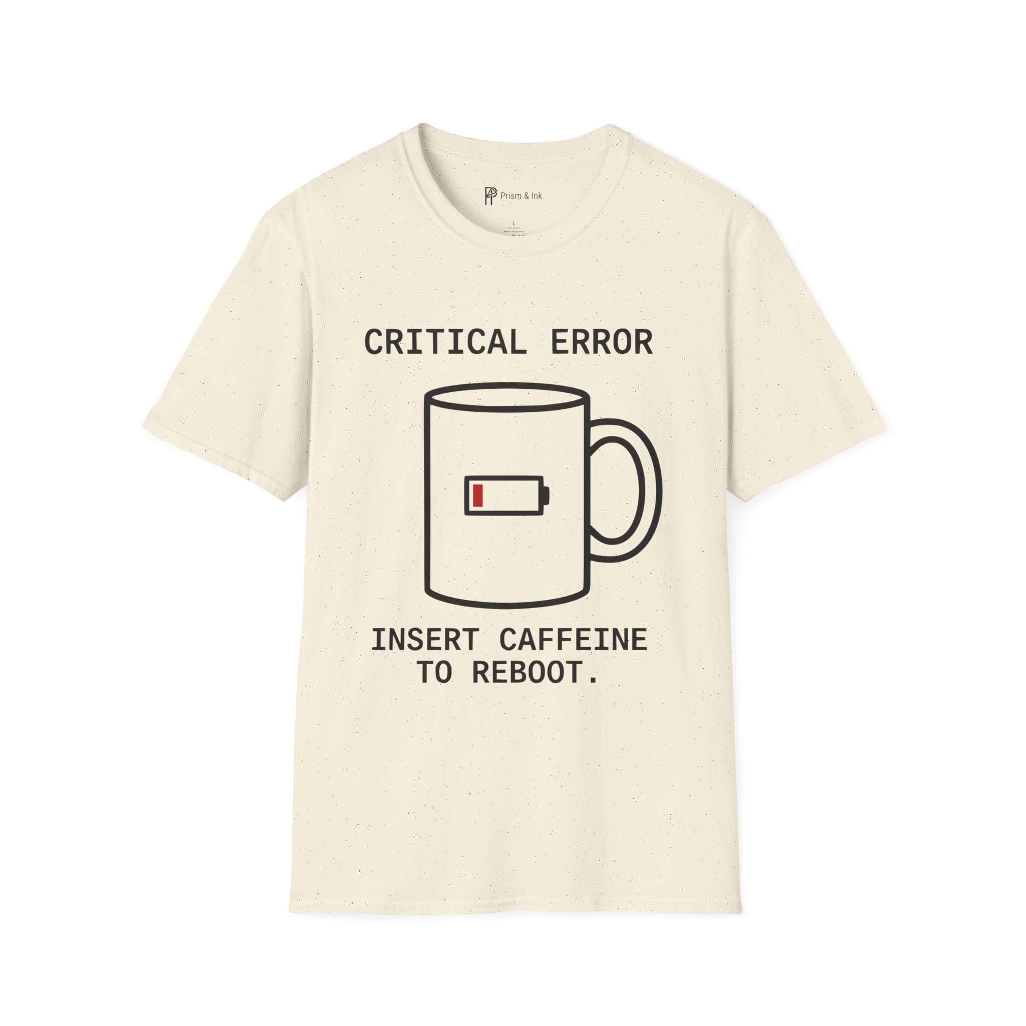 Critical Error Reboot T-Shirt — Funny Programmer Coffee & Low Battery Graphic