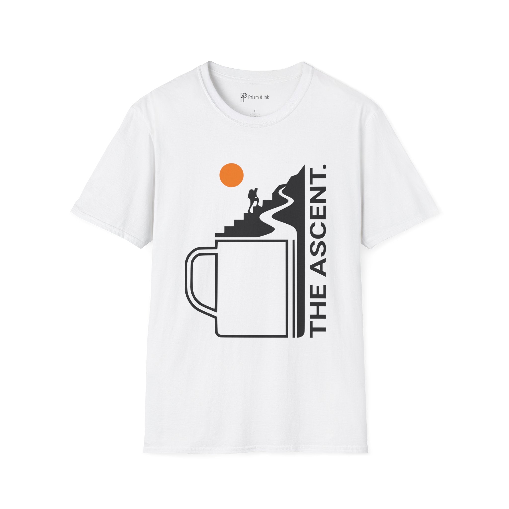 The Ascent T-Shirt — Coffee Cup Mountain Stairs and Hiker