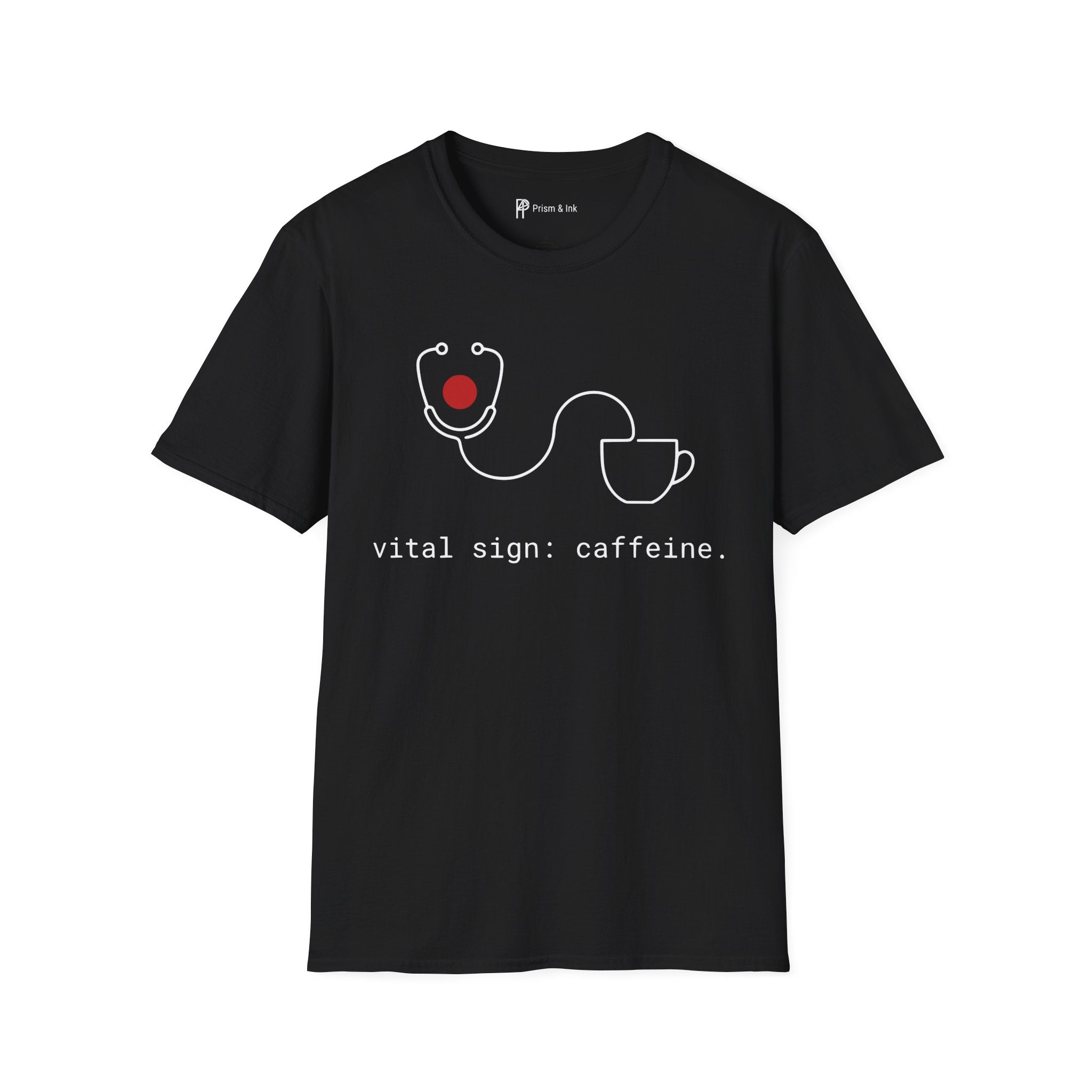 Vital Sign: Caffeine T-Shirt — Minimalist Stethoscope & Coffee Art