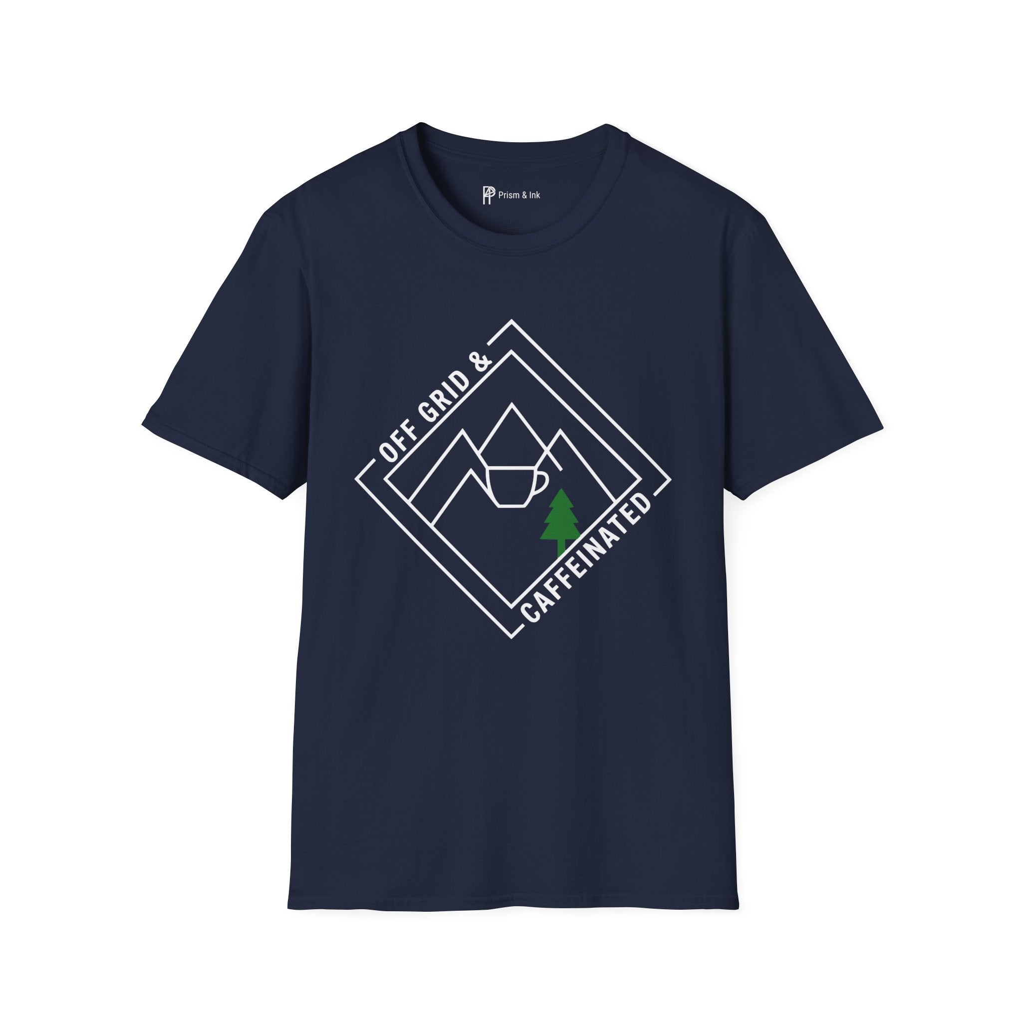Off Grid & Caffeinated T-Shirt — Minimalist Mountain Badge & Camping Coffee Graphic