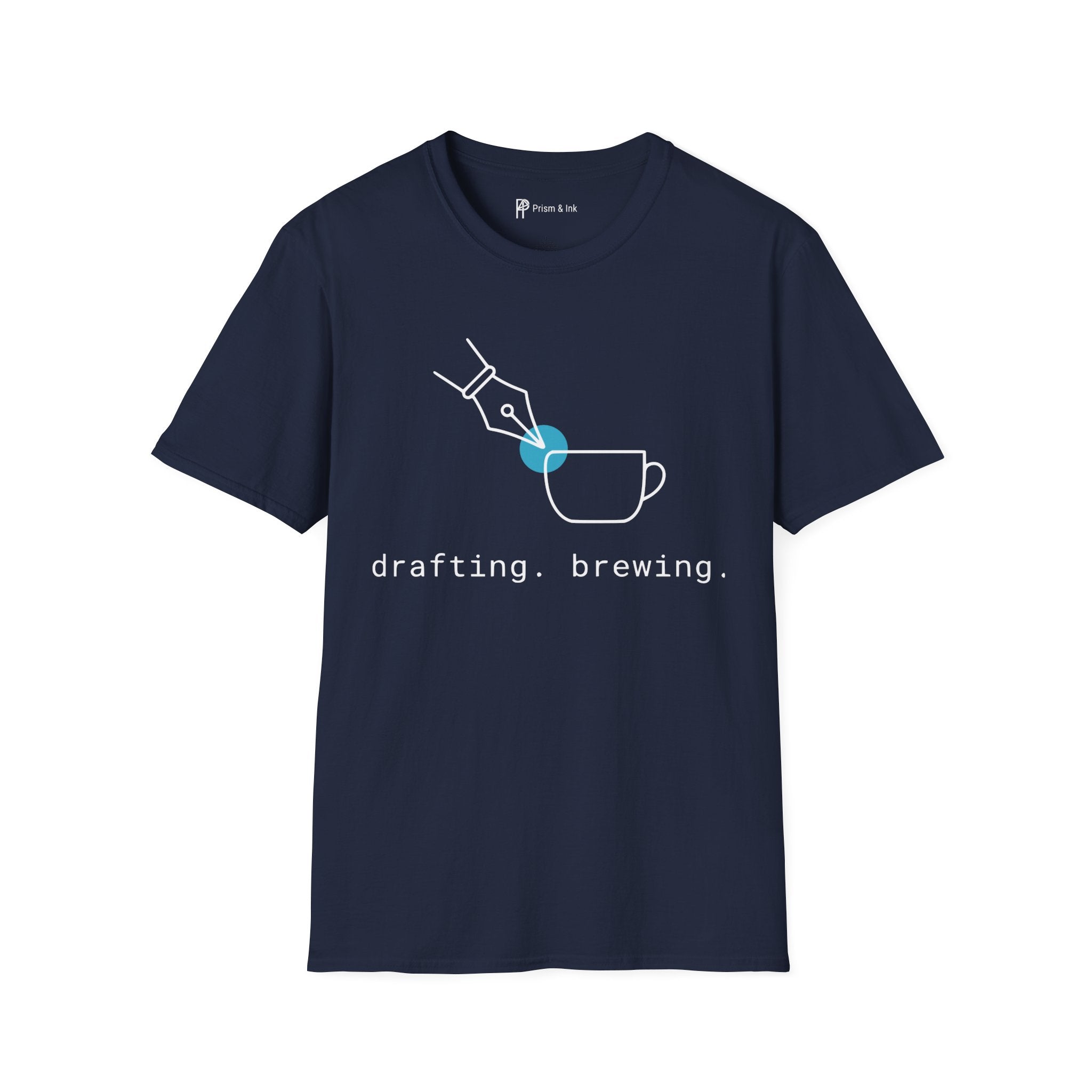 Drafting & Brewing T-Shirt — Minimalist Pen Nib & Coffee Line Art