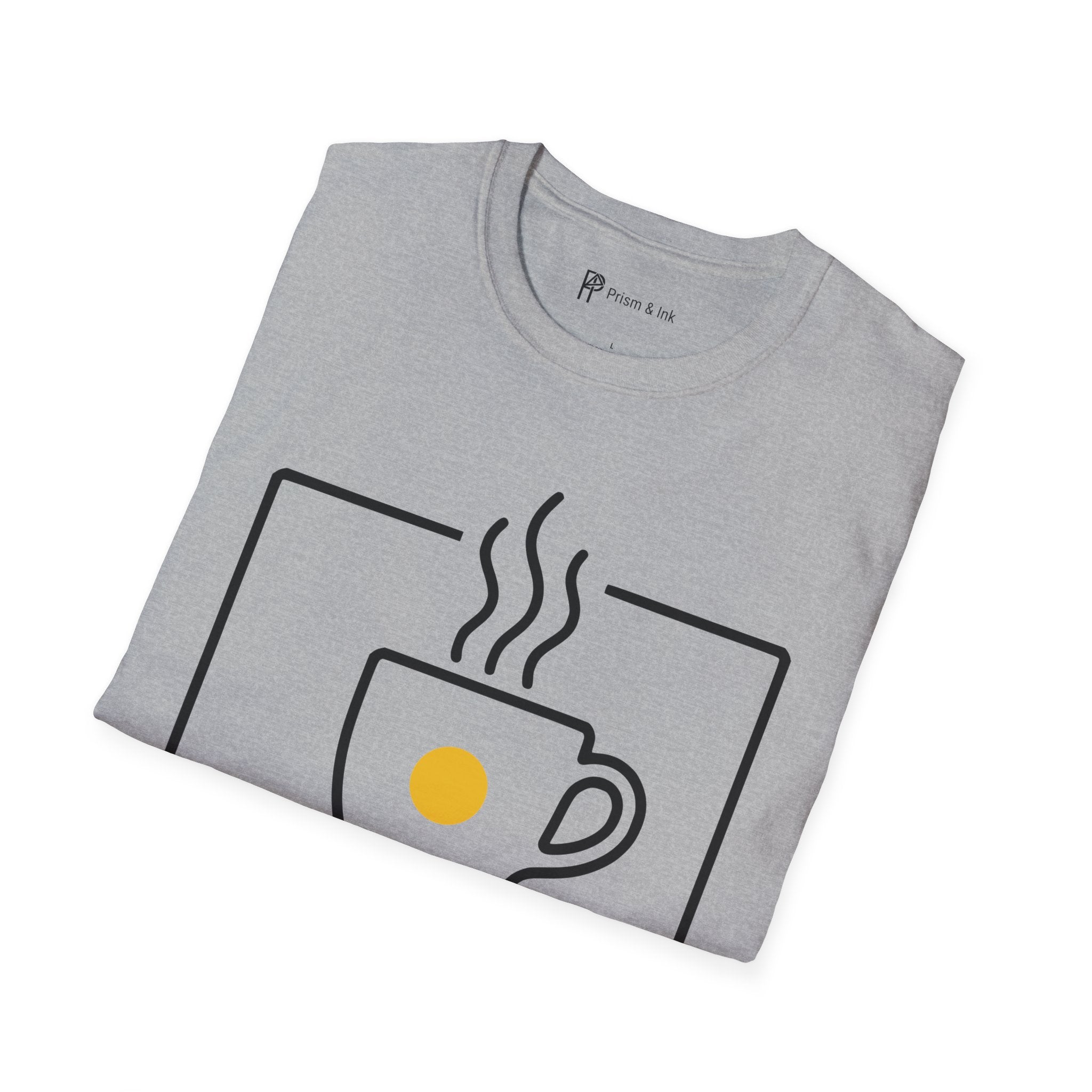 Framing the Morning Light T-Shirt — Minimalist Viewfinder & Coffee Cup Art