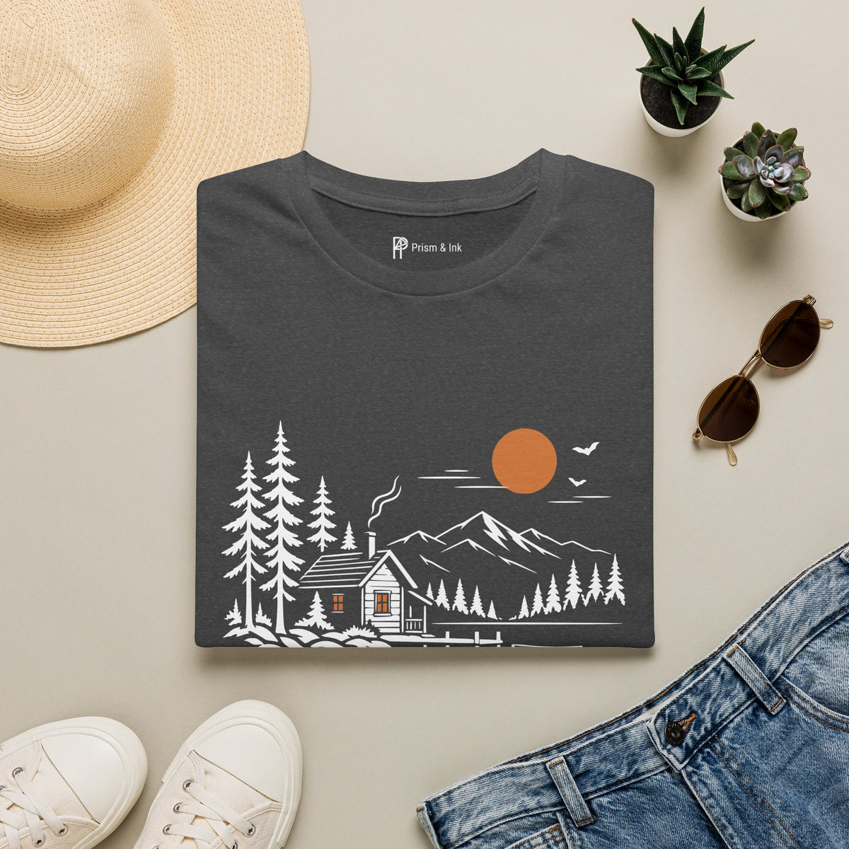 Quiet Cabin Lake Sunset Mountain T-Shirt