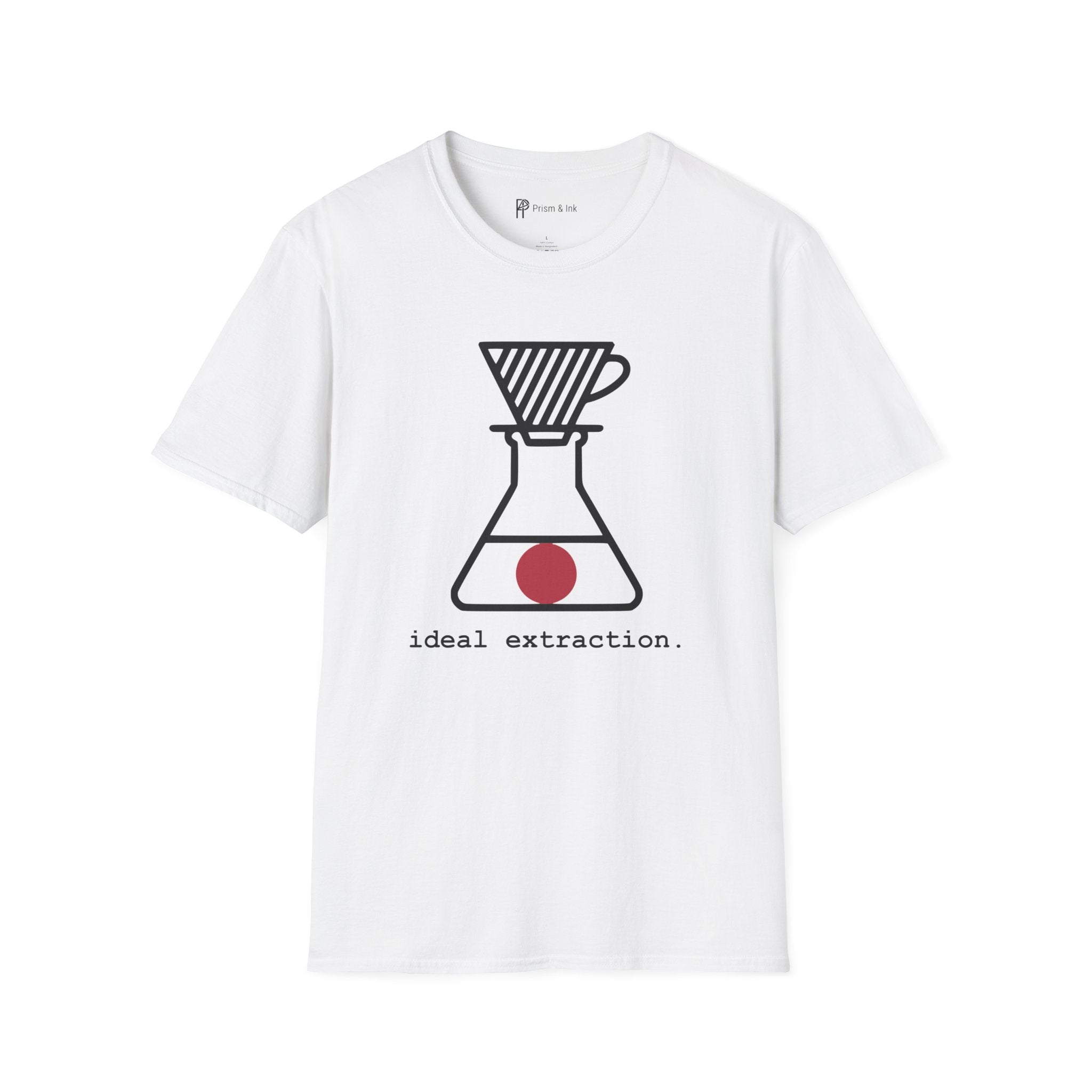 Ideal Extraction T-Shirt — Minimalist Lab Flask & Coffee Science Art