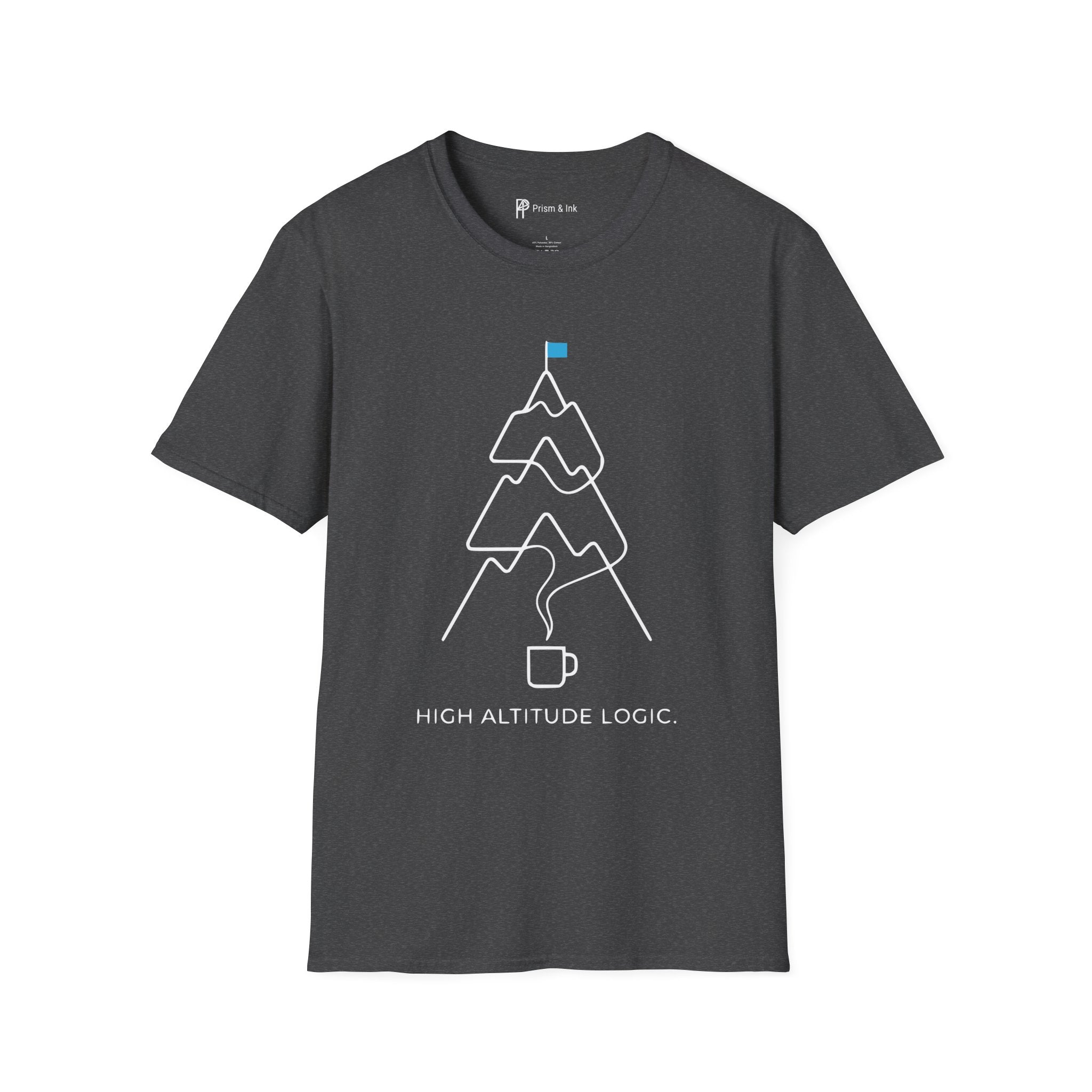 High Altitude Logic T-Shirt — Minimalist Coffee Steam & Mountain Peak Graphic