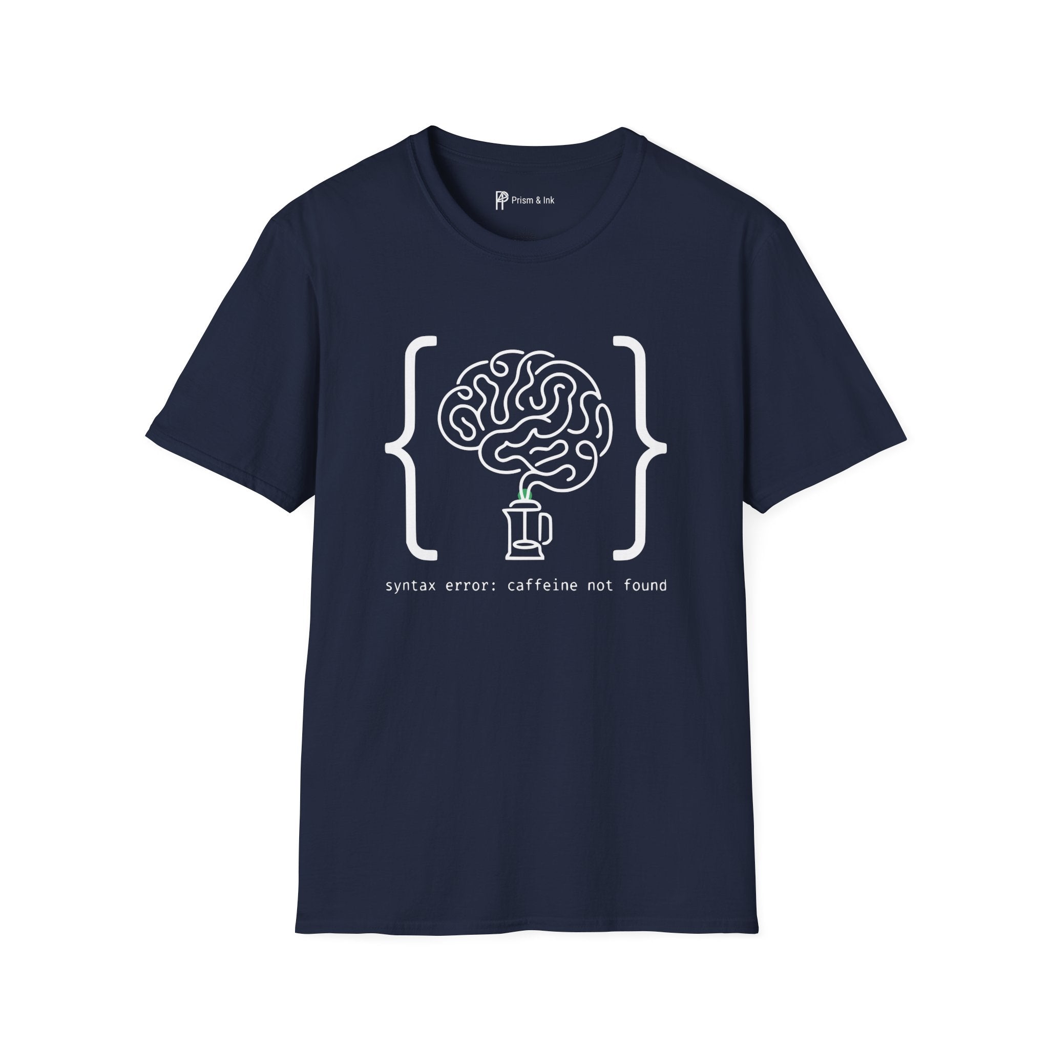 Syntax Error Caffeine Not Found T-Shirt — Minimalist Developer Brain & Coffee Art