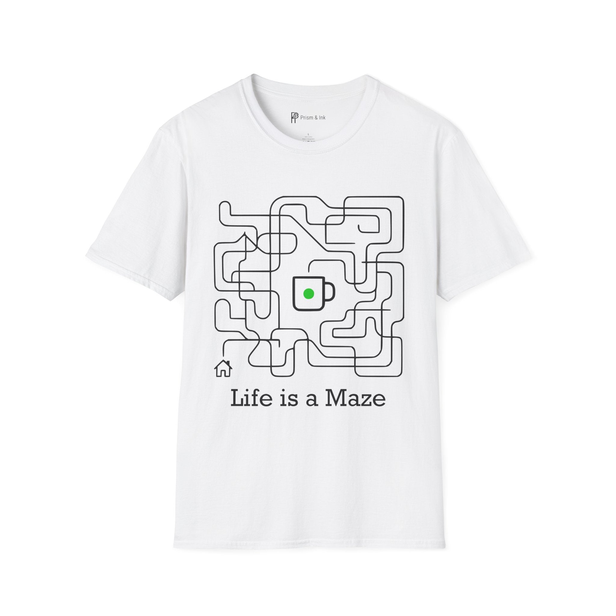 Life is a Maze Coffee T-Shirt — Minimalist Path to Home & Caffeine Art