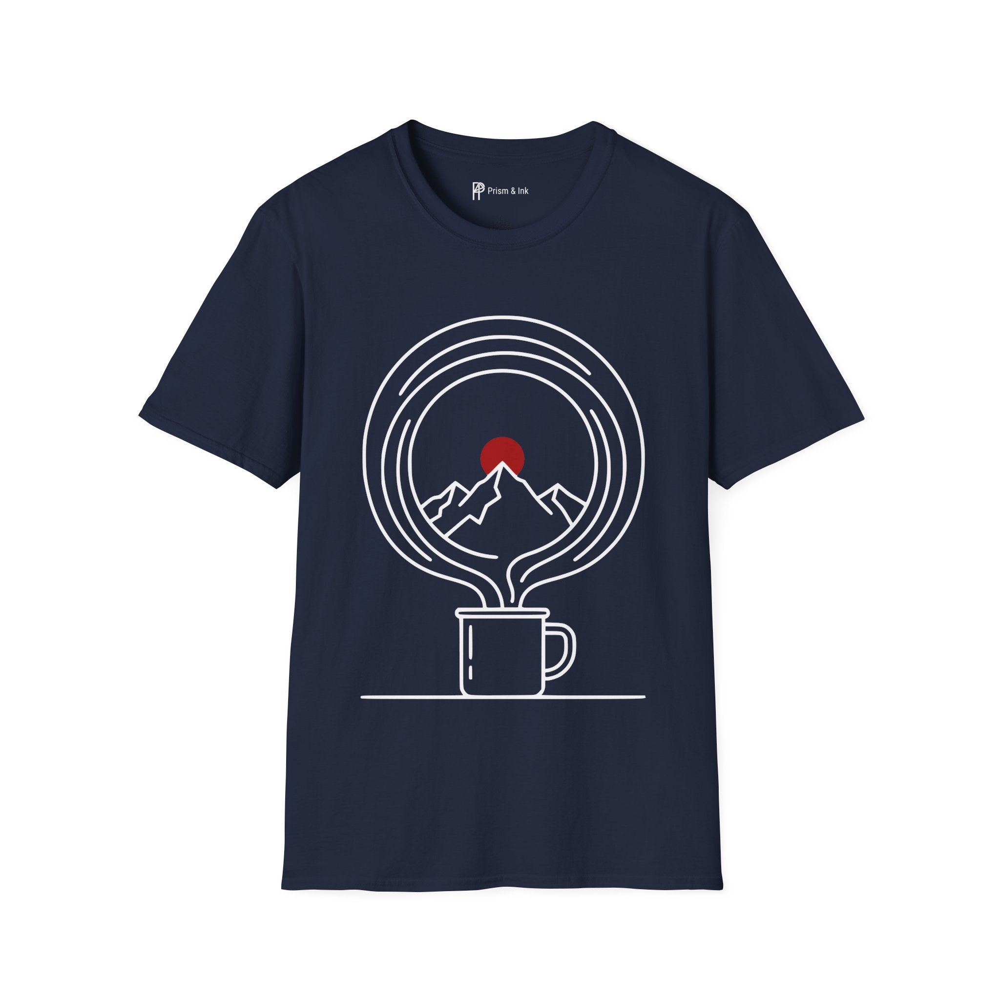 Mountain Horizon T-Shirt — Steaming Camp Mug and Snow Peaks