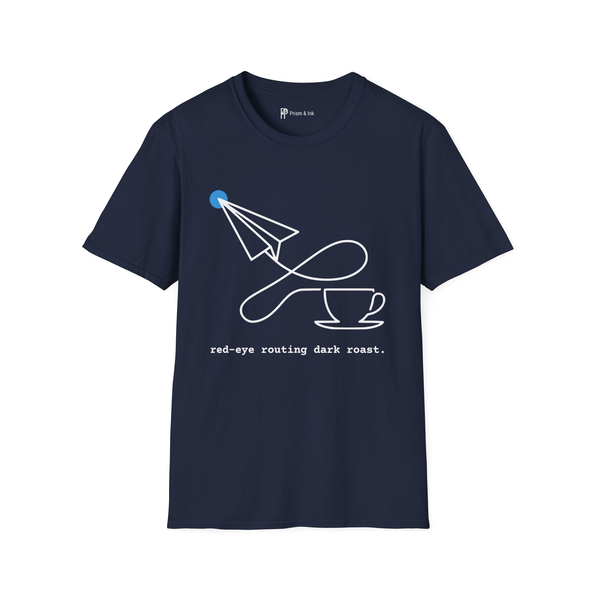 Red-Eye Routing Dark Roast T-Shirt — Minimalist Paper Plane & Coffee Flight Art
