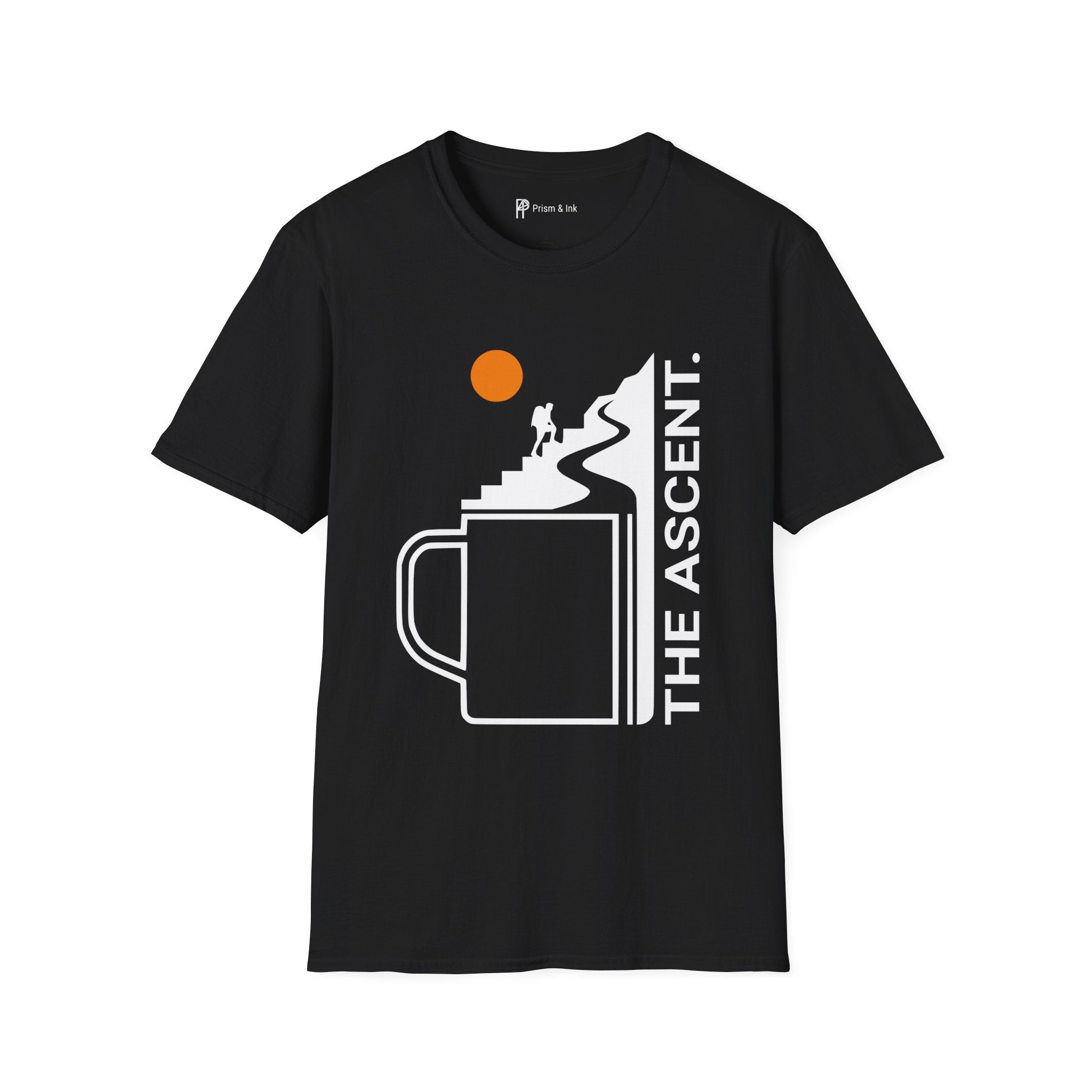 The Ascent T-Shirt — Coffee Cup Mountain Stairs and Hiker