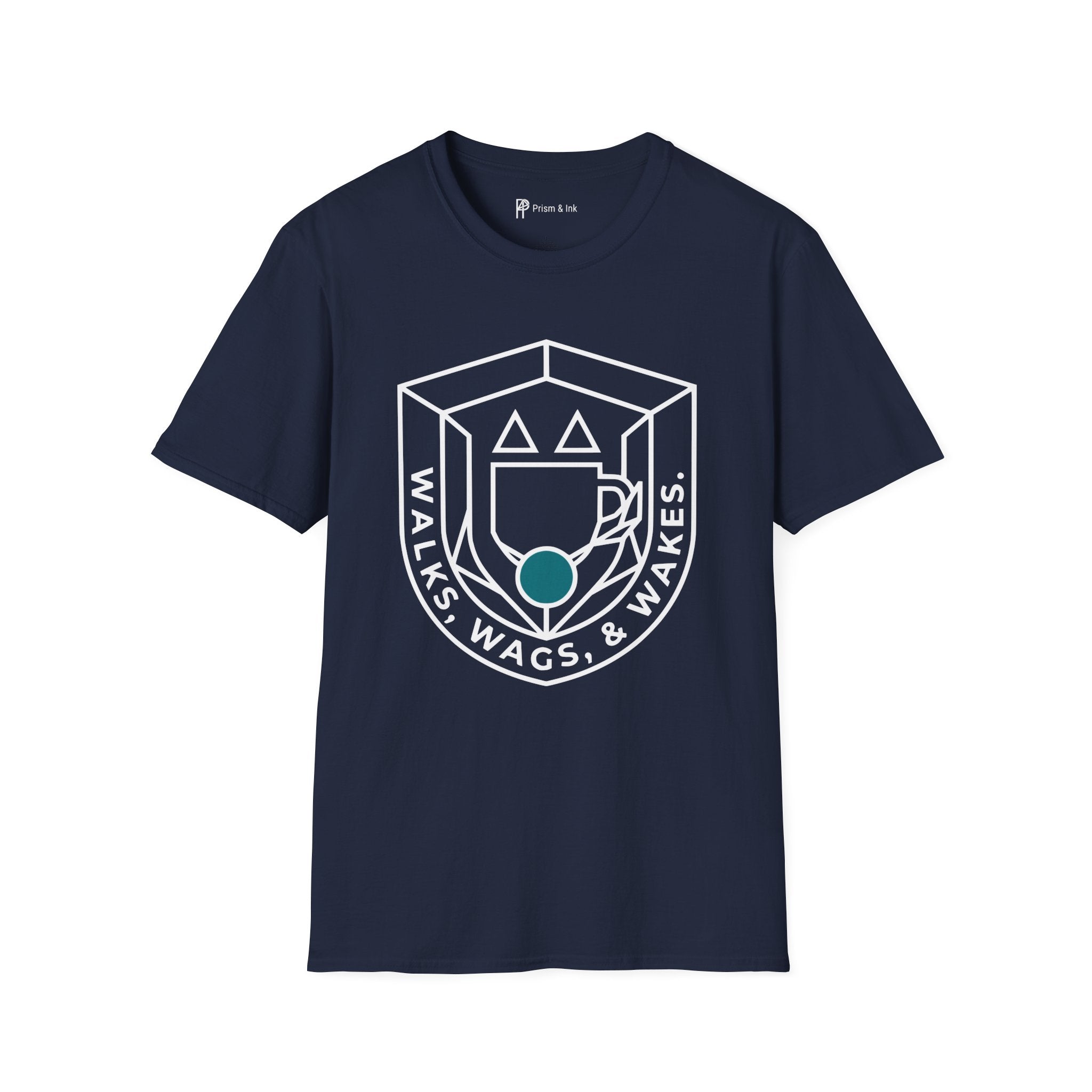 Walks, Wags & Wakes T-Shirt — Geometric Dog and Coffee Crest Graph