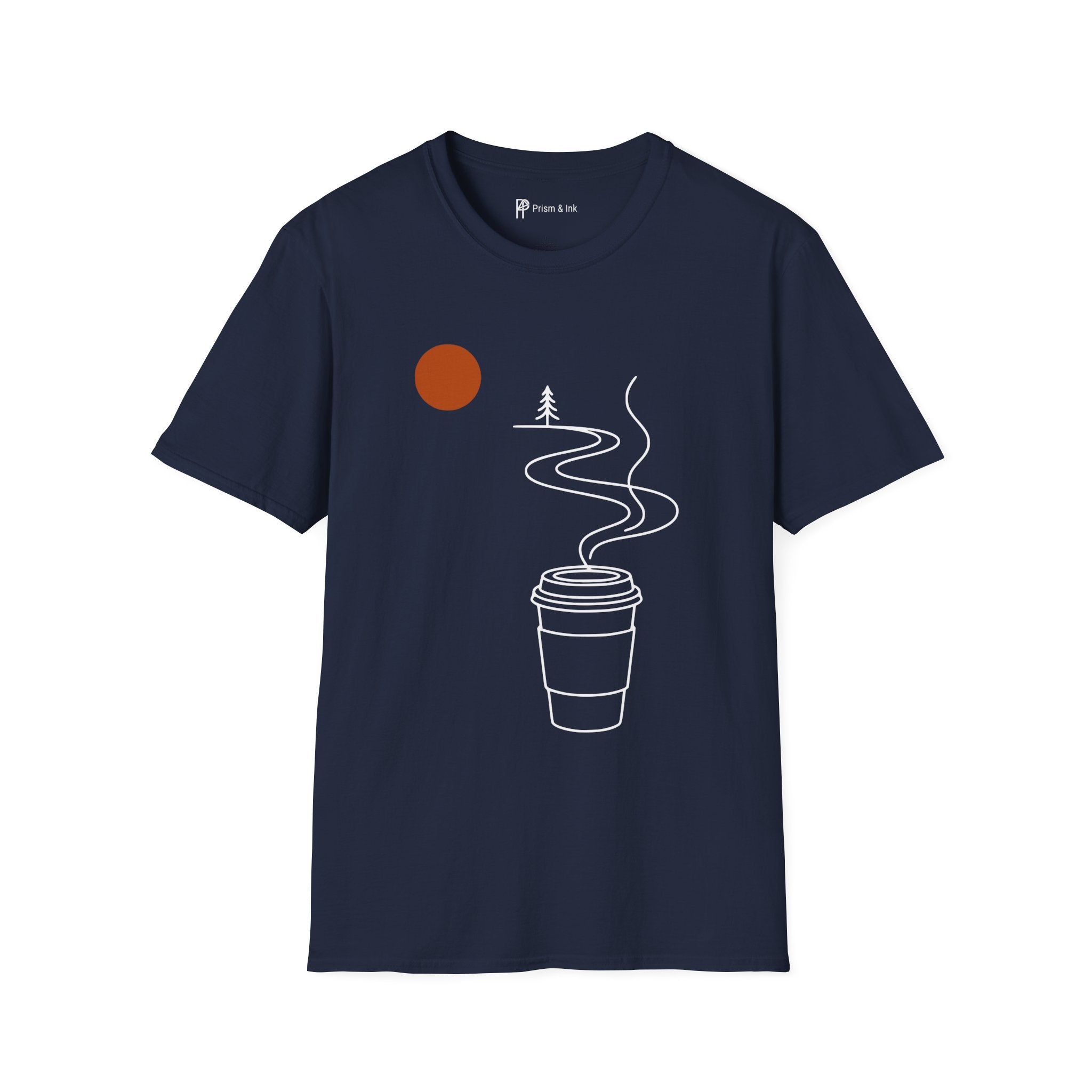 Escape in a Cup T-Shirt — Takeaway Coffee Steam and Mountain Path