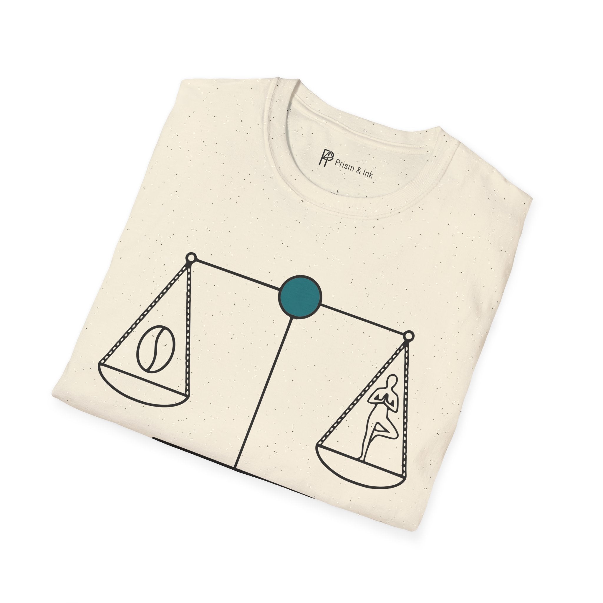 Caffeine Harmony T-Shirt — Zen Scales with Coffee Bean and Yoga Pose