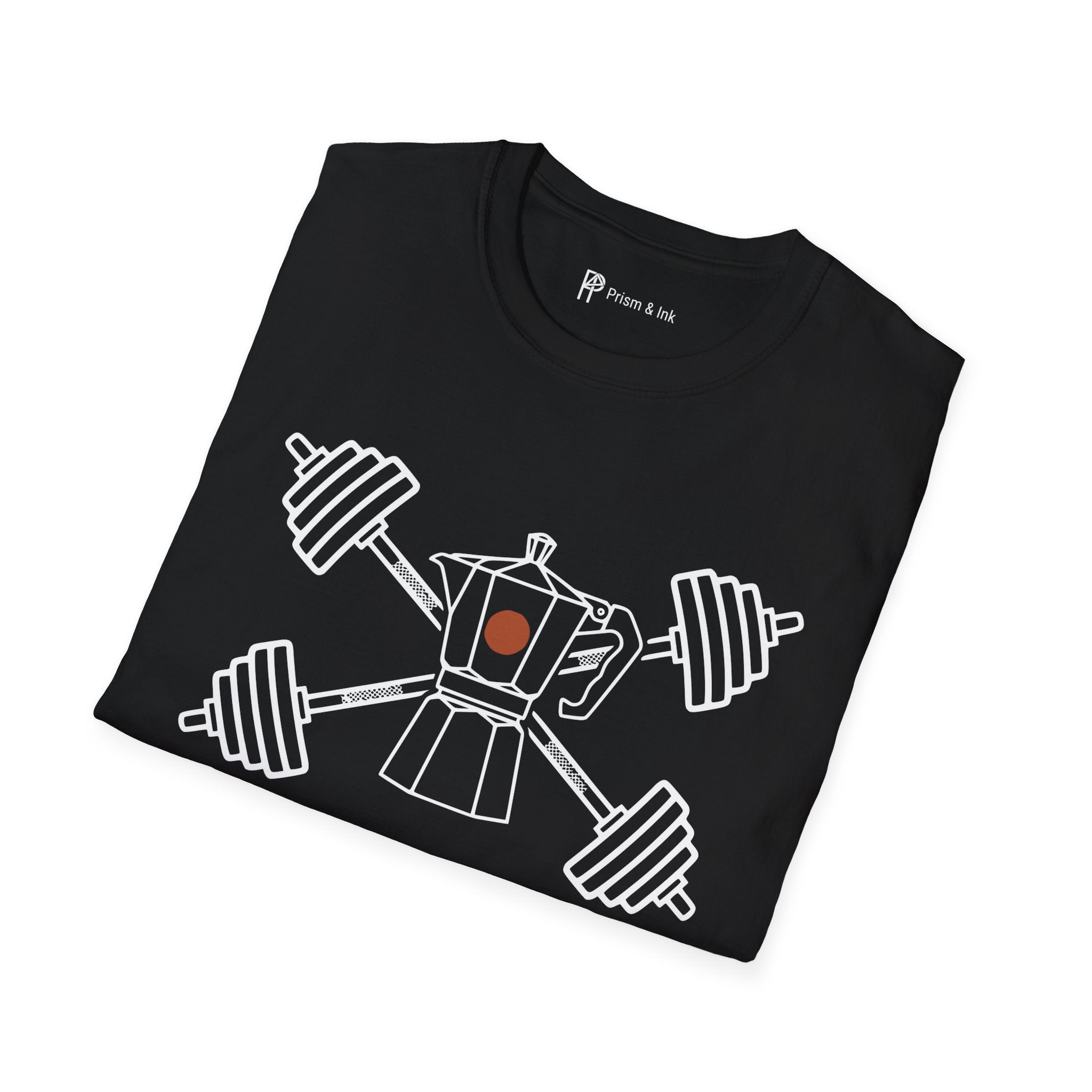 Heavy Lifts Dark Roasts T-Shirt — Minimalist Moka Pot & Gym Barbell Art