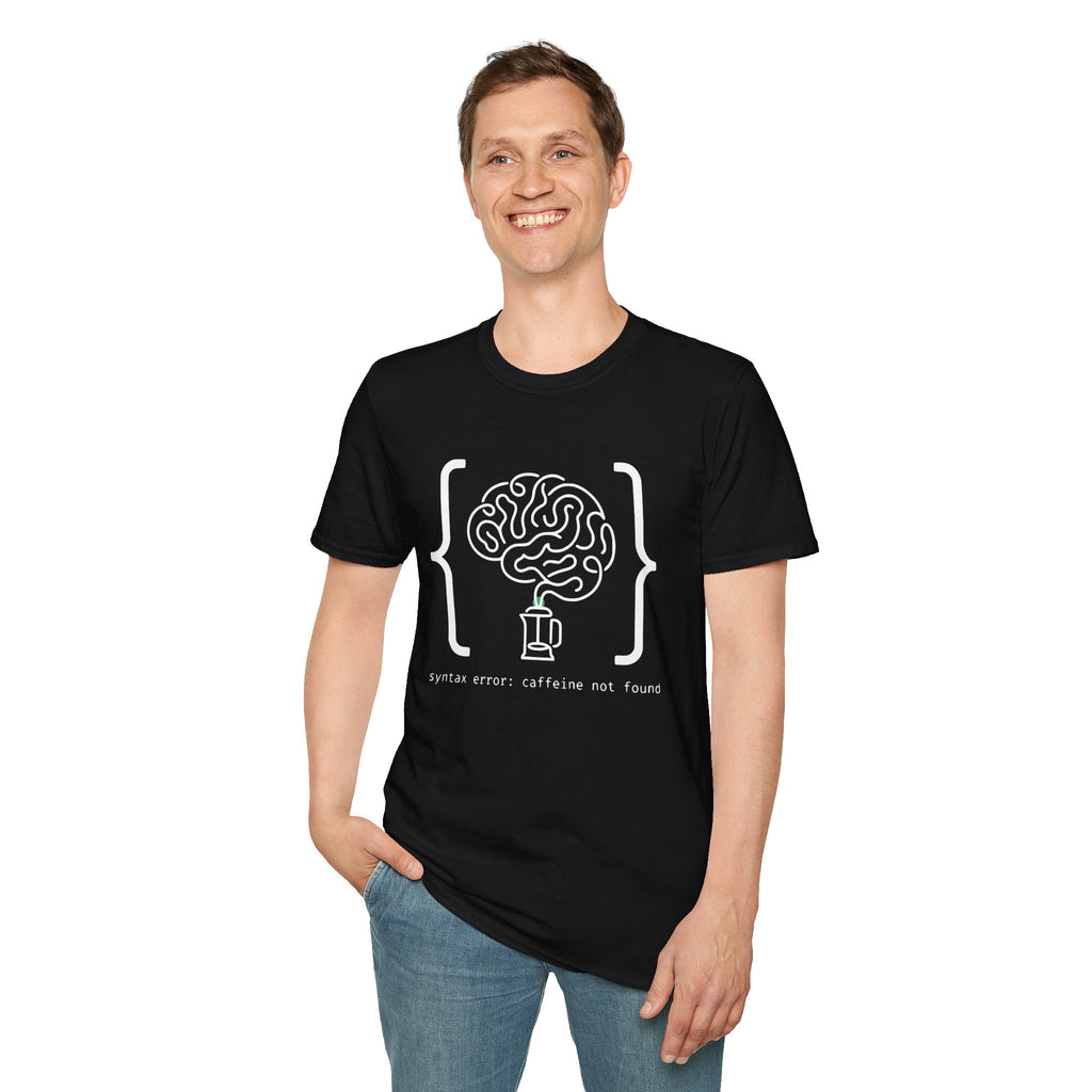 Syntax Error Caffeine Not Found T-Shirt — Minimalist Developer Brain & Coffee Art