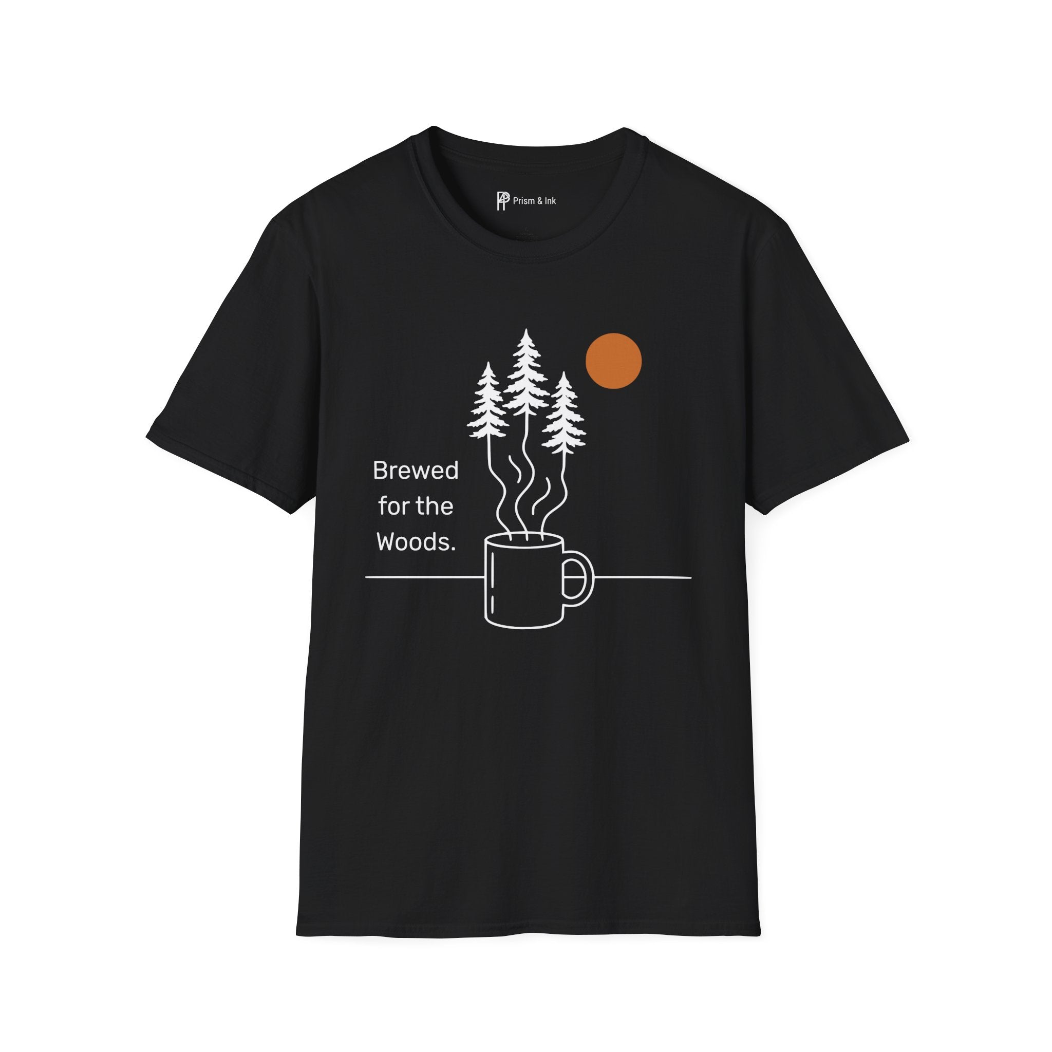 Brewed for the Woods T-Shirt — Coffee Steam Pine Tree Graph