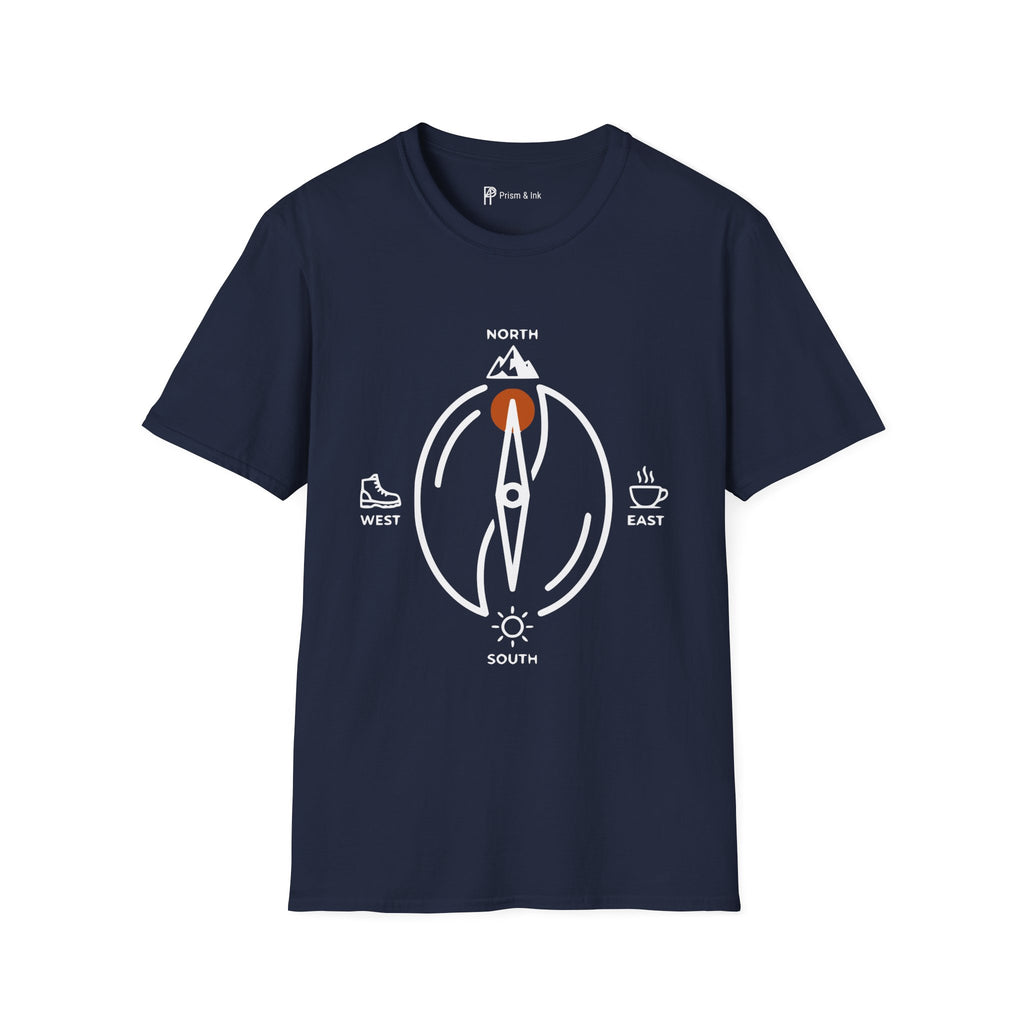 Caffeine Compass T-Shirt — Minimalist Coffee Bean Navigation