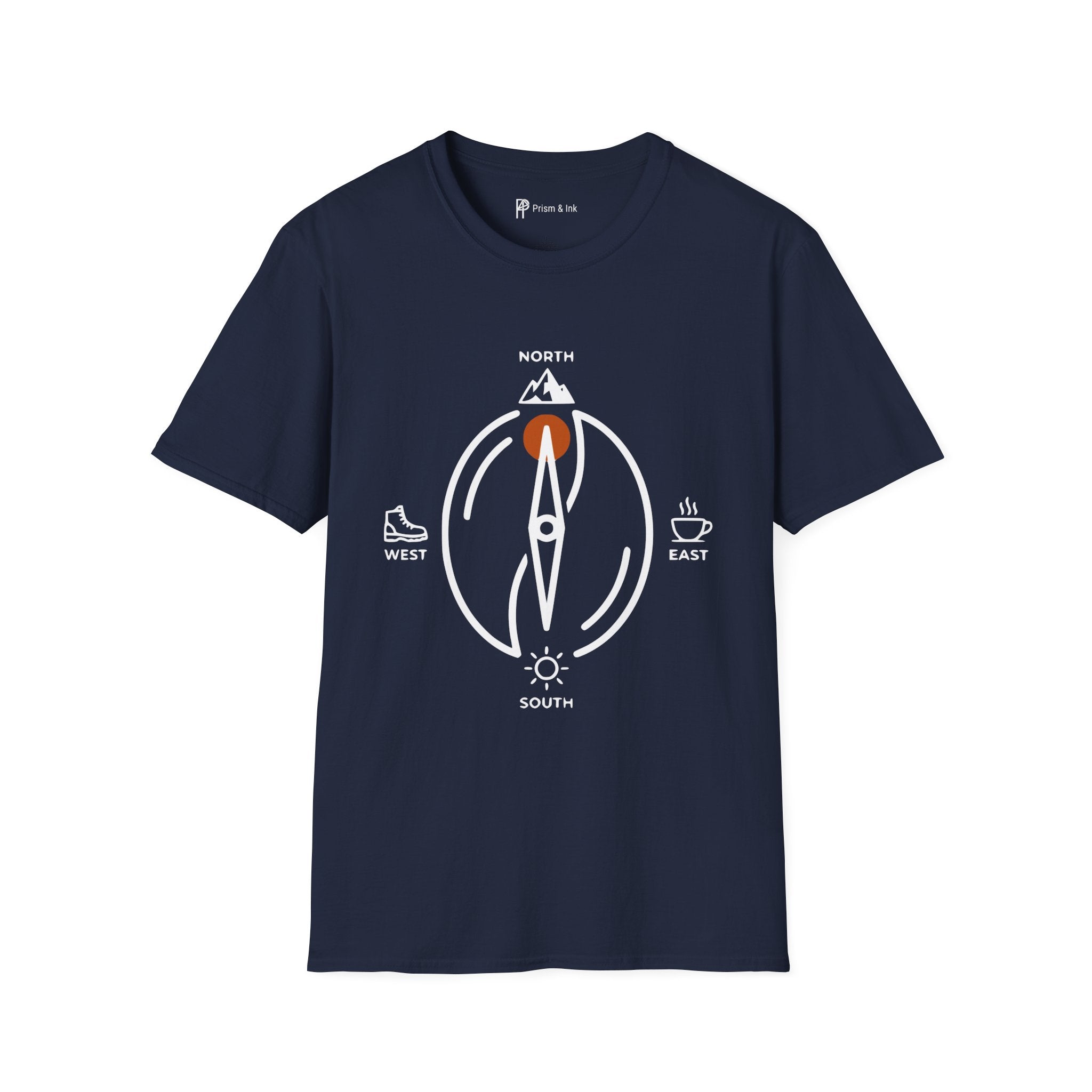 Caffeine Compass T-Shirt — Minimalist Coffee Bean Navigation