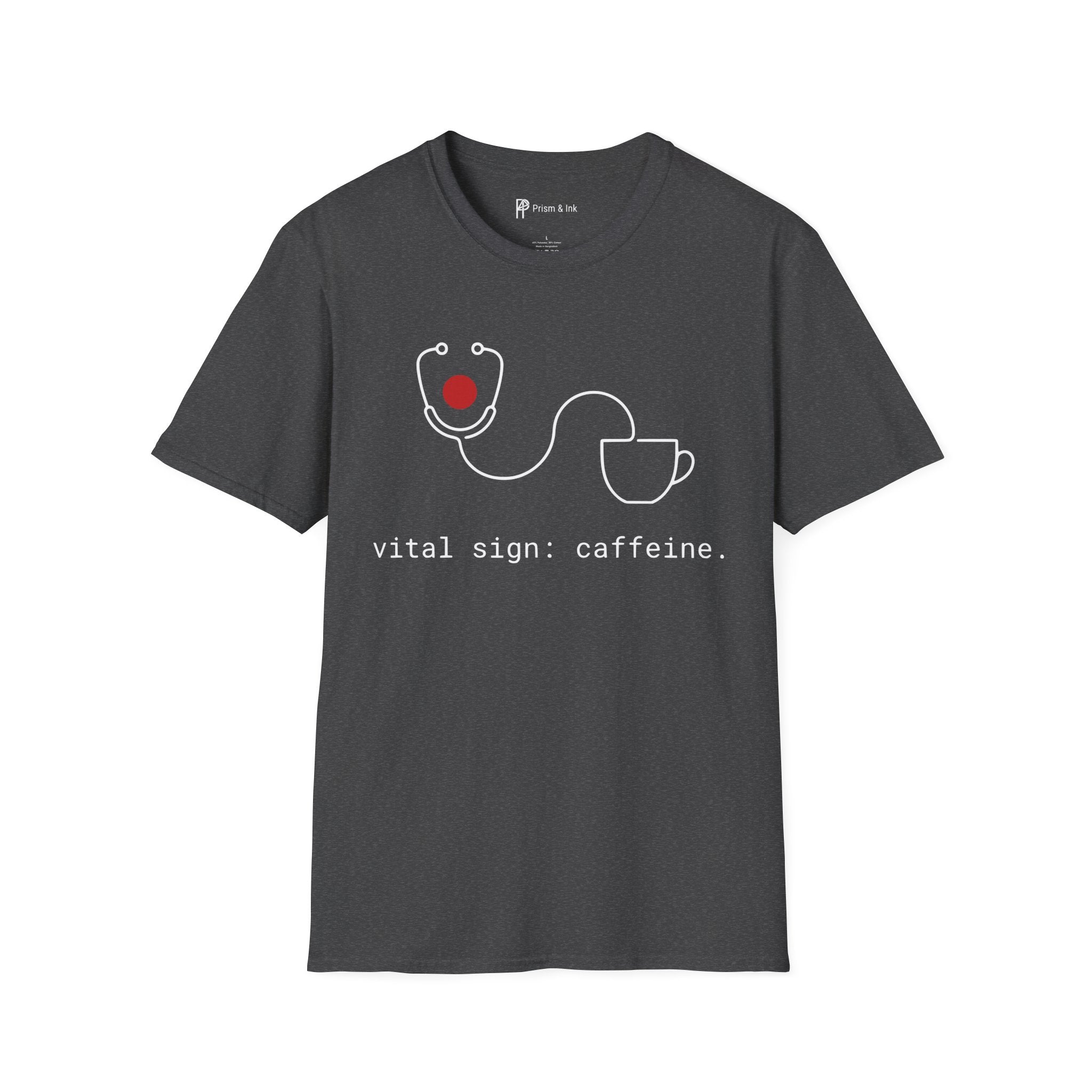 Vital Sign: Caffeine T-Shirt — Minimalist Stethoscope & Coffee Art