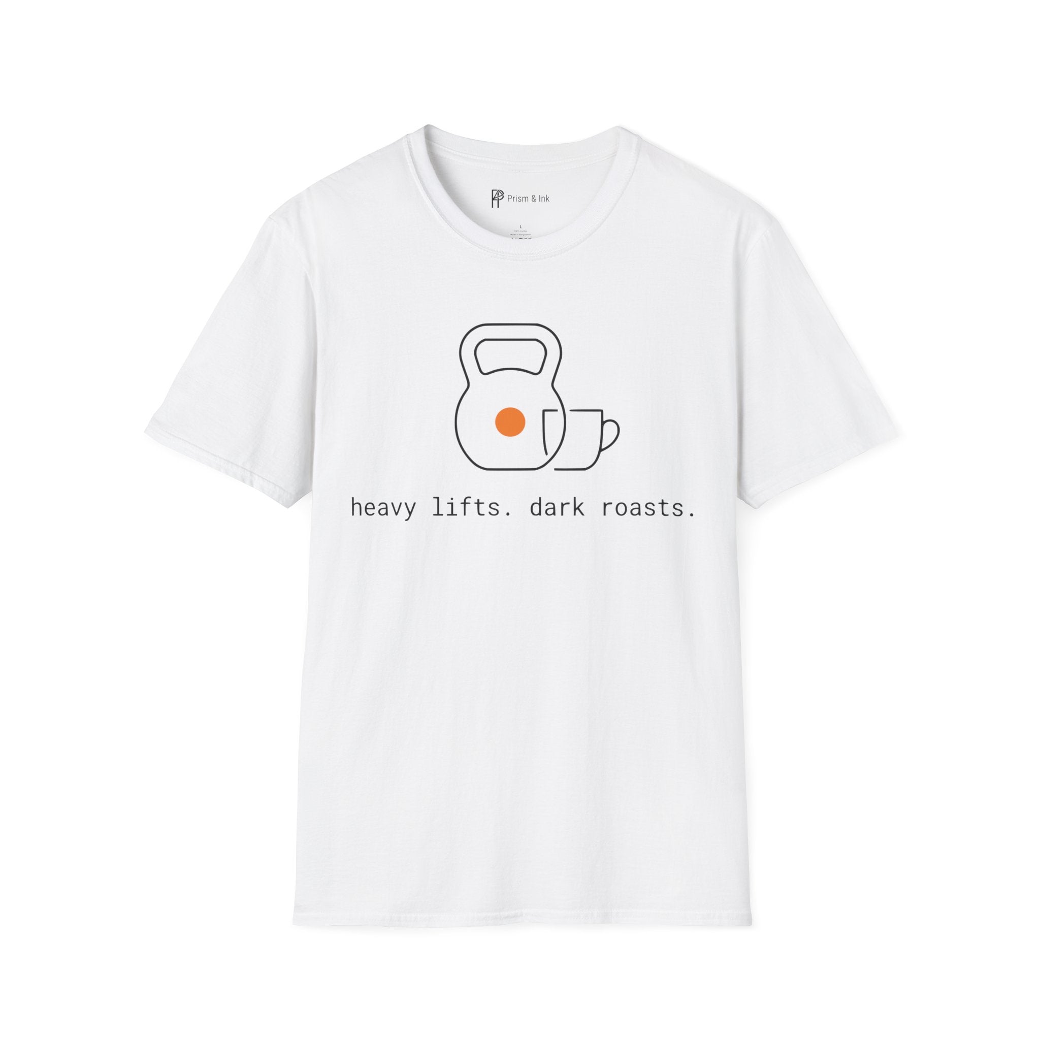 Heavy Lifts & Dark Roasts T-Shirt — Minimalist Kettlebell & Coffee Line Art