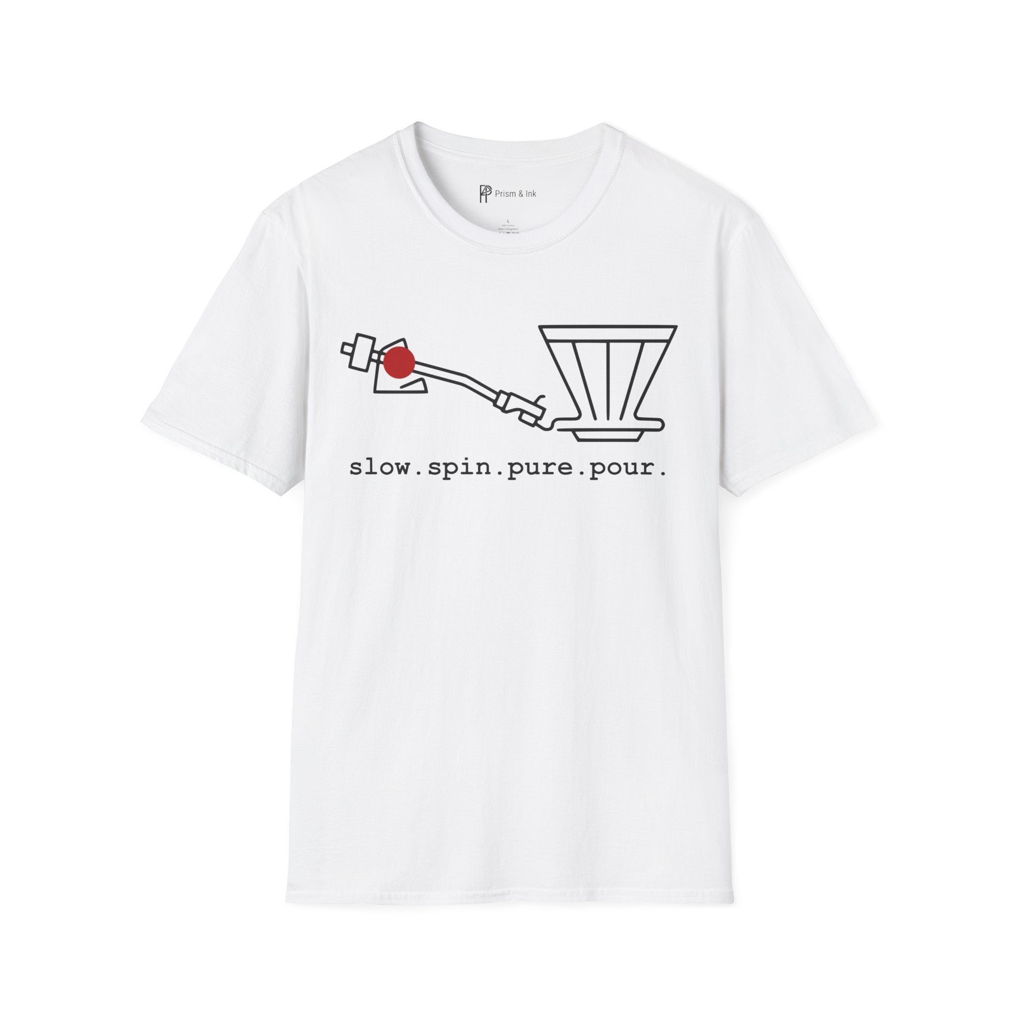 Slow Spin Pure Pour T-Shirt — Minimalist Vinyl Tonearm & Coffee Dripper Art