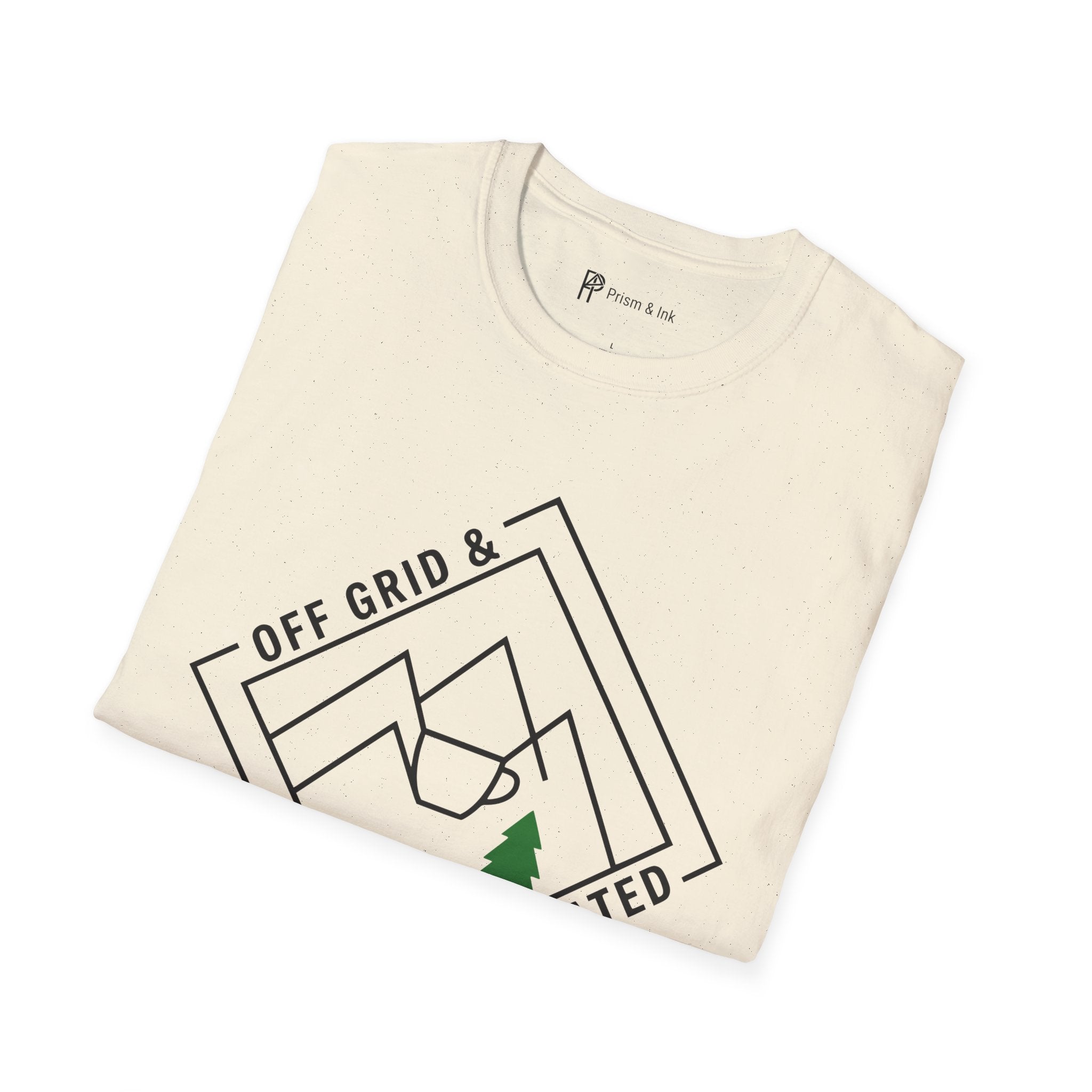 Off Grid & Caffeinated T-Shirt — Minimalist Mountain Badge & Camping Coffee Graphic