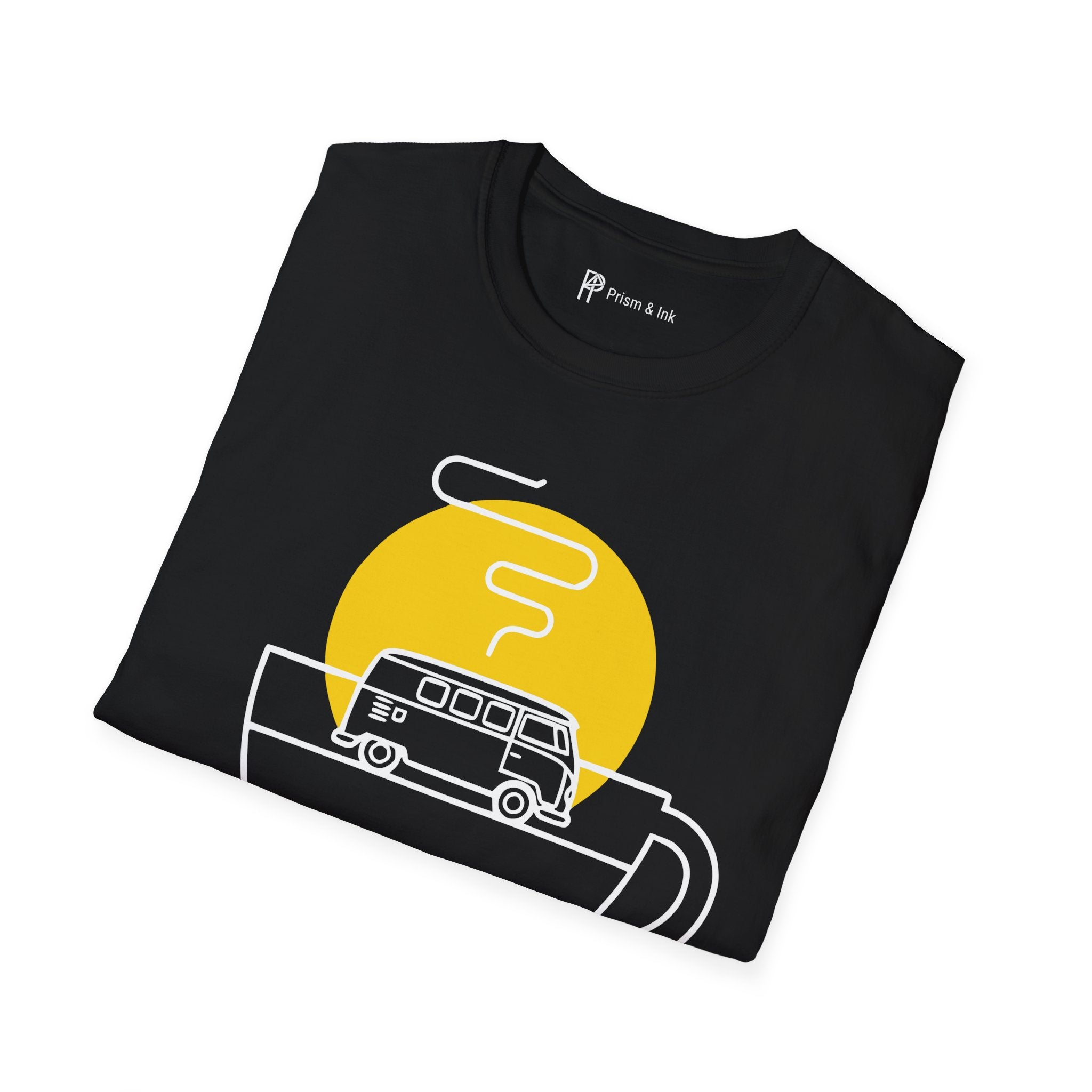 Morning Drift T-Shirt — Retro Camper Van and Coffee Cup
