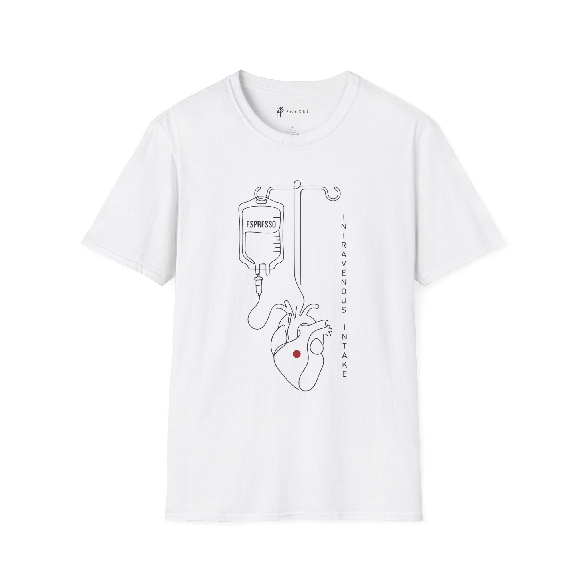 Intravenous Intake T-Shirt — Espresso IV and Heart Line Art