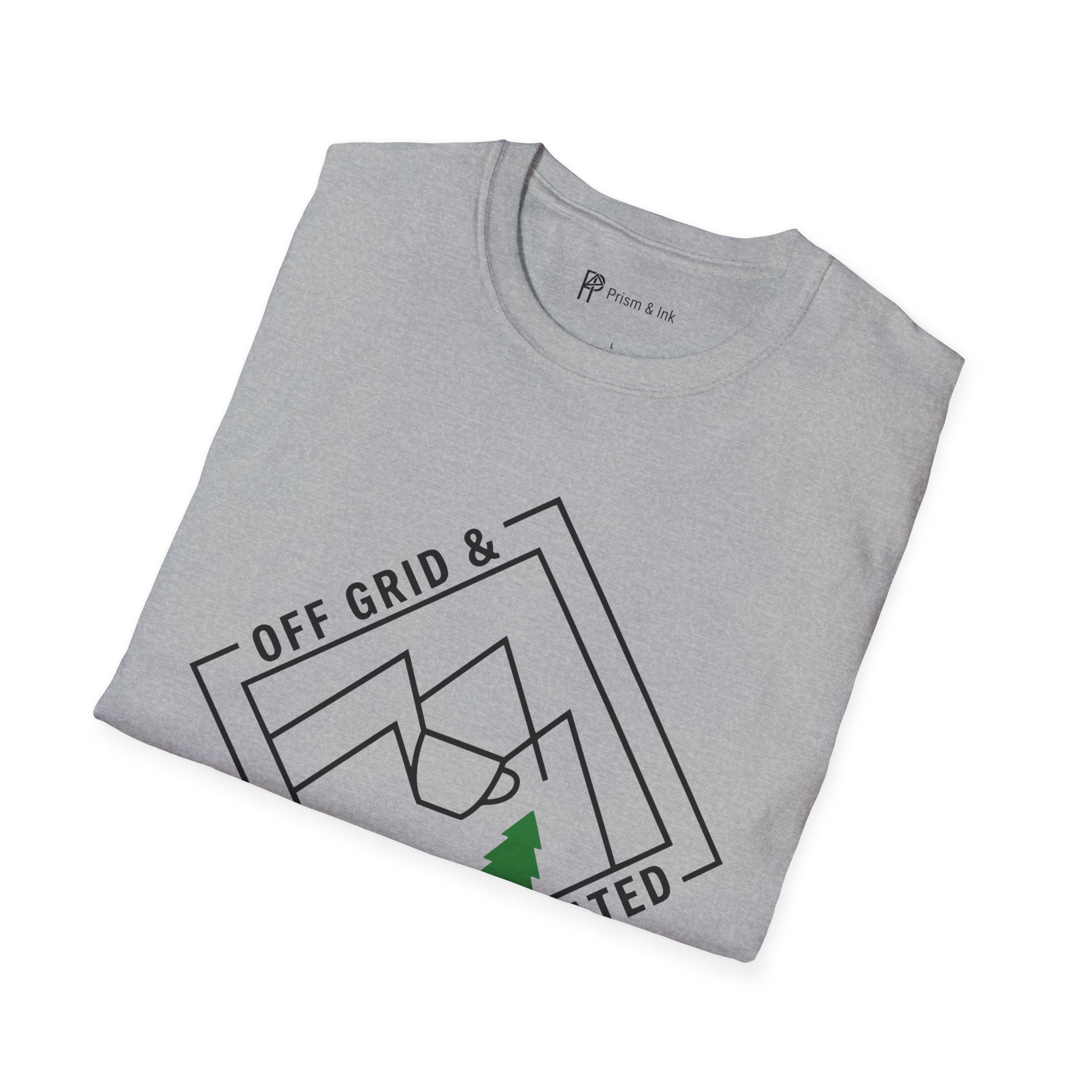 Off Grid & Caffeinated T-Shirt — Minimalist Mountain Badge & Camping Coffee Graphic