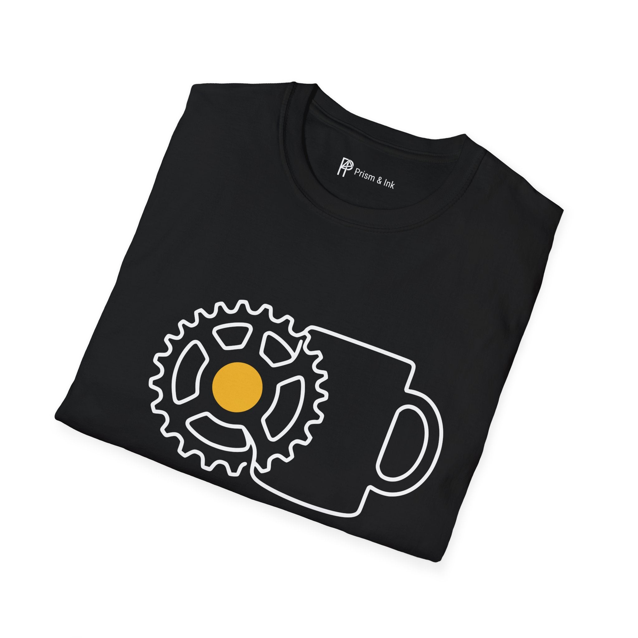 Shifting Gears T-Shirt — Minimalist Cycling Cog & Coffee Line Art