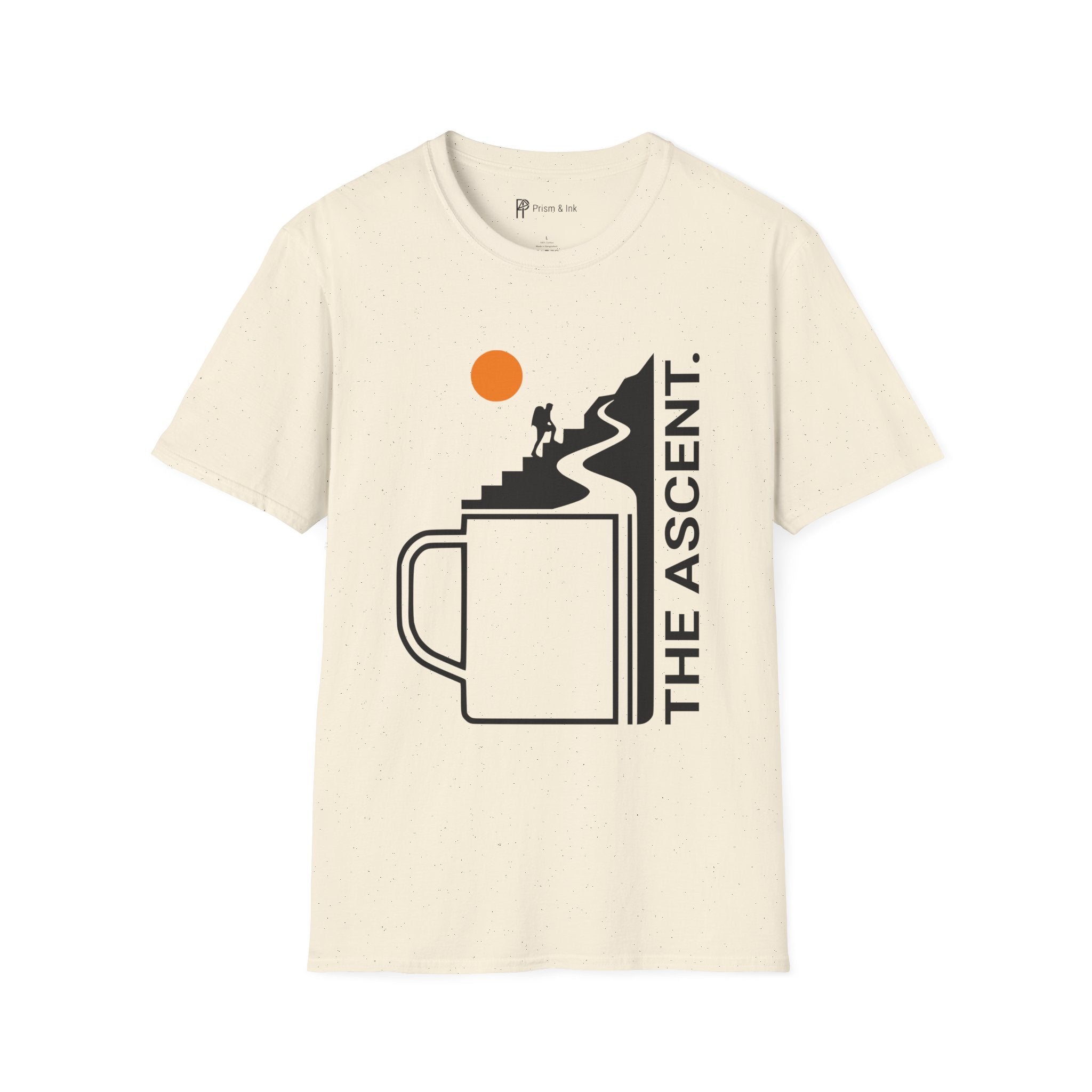 The Ascent T-Shirt — Coffee Cup Mountain Stairs and Hiker