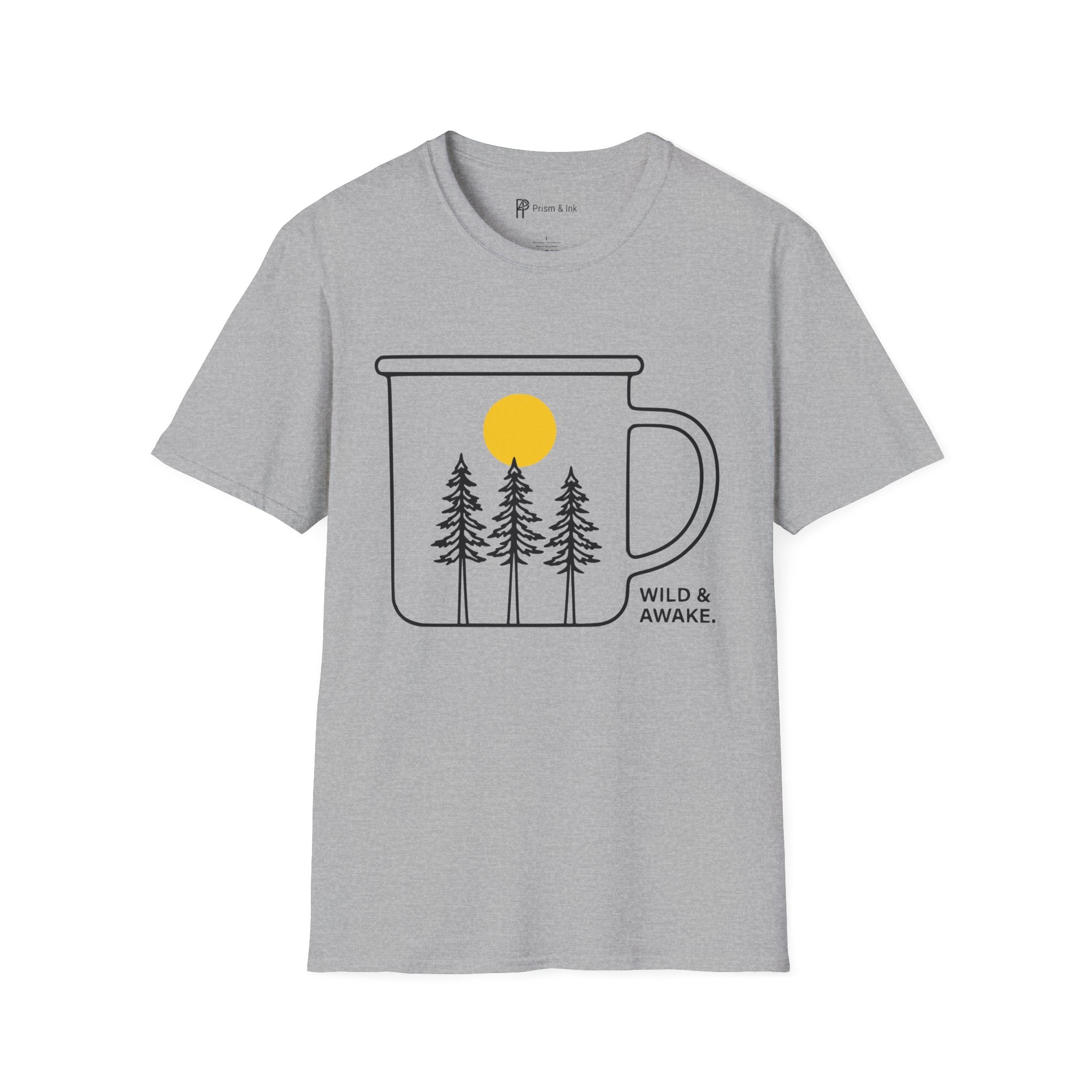 Wild & Awake T-Shirt — Outdoor Enamel Mug and Pine Forest