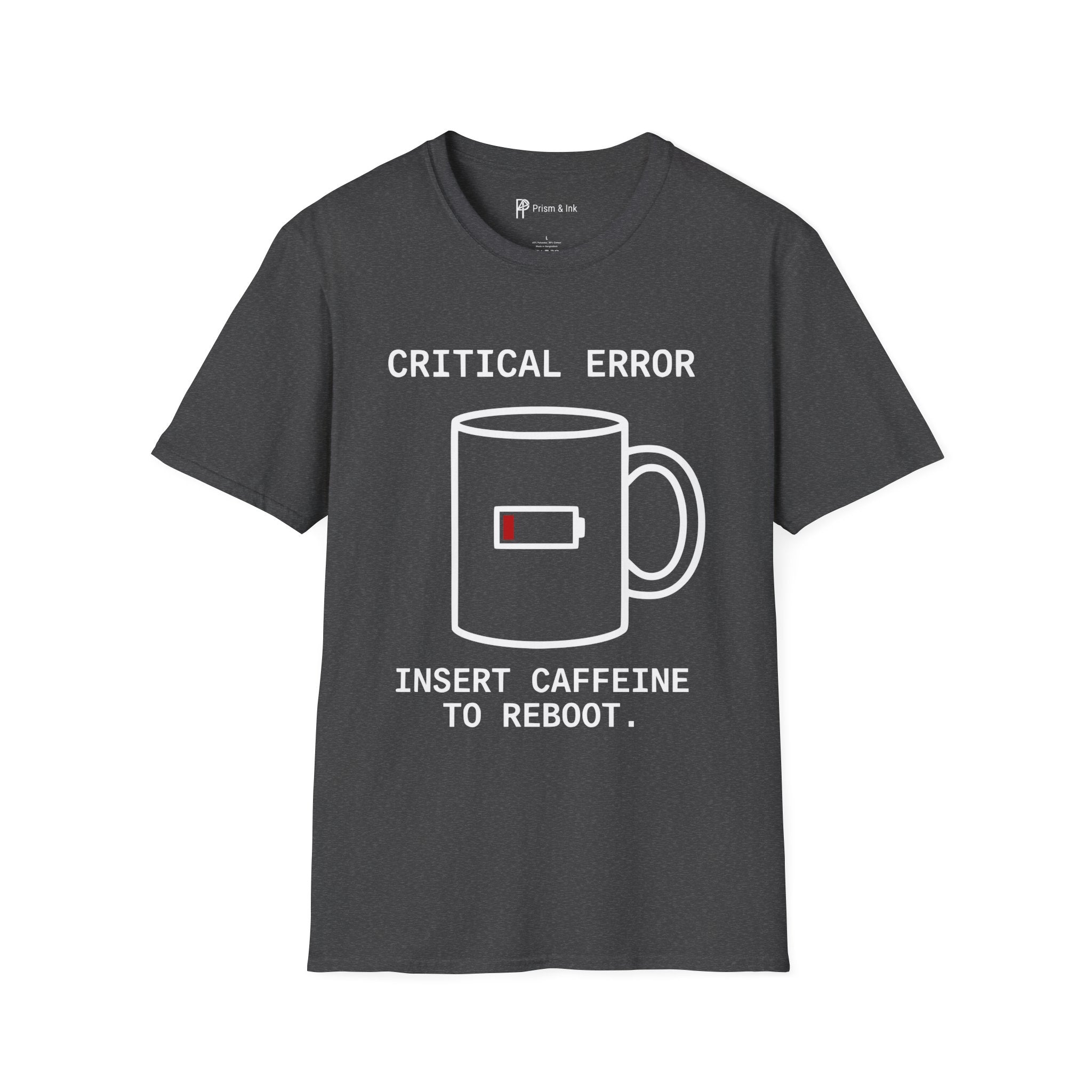 Critical Error Reboot T-Shirt — Funny Programmer Coffee & Low Battery Graphic
