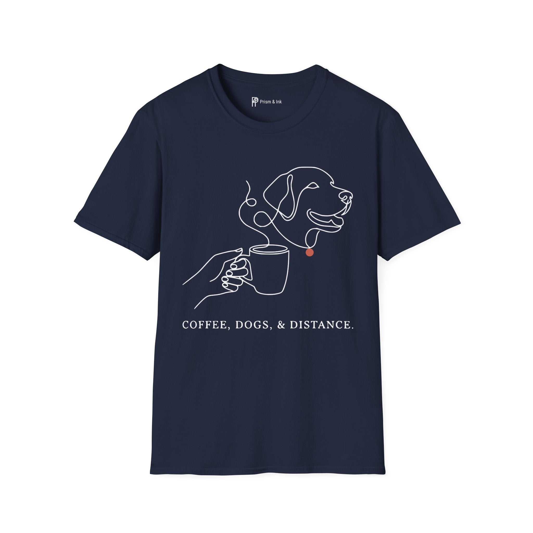 Coffee & Dogs T-Shirt — One Line Art Labrador and Steaming Cup