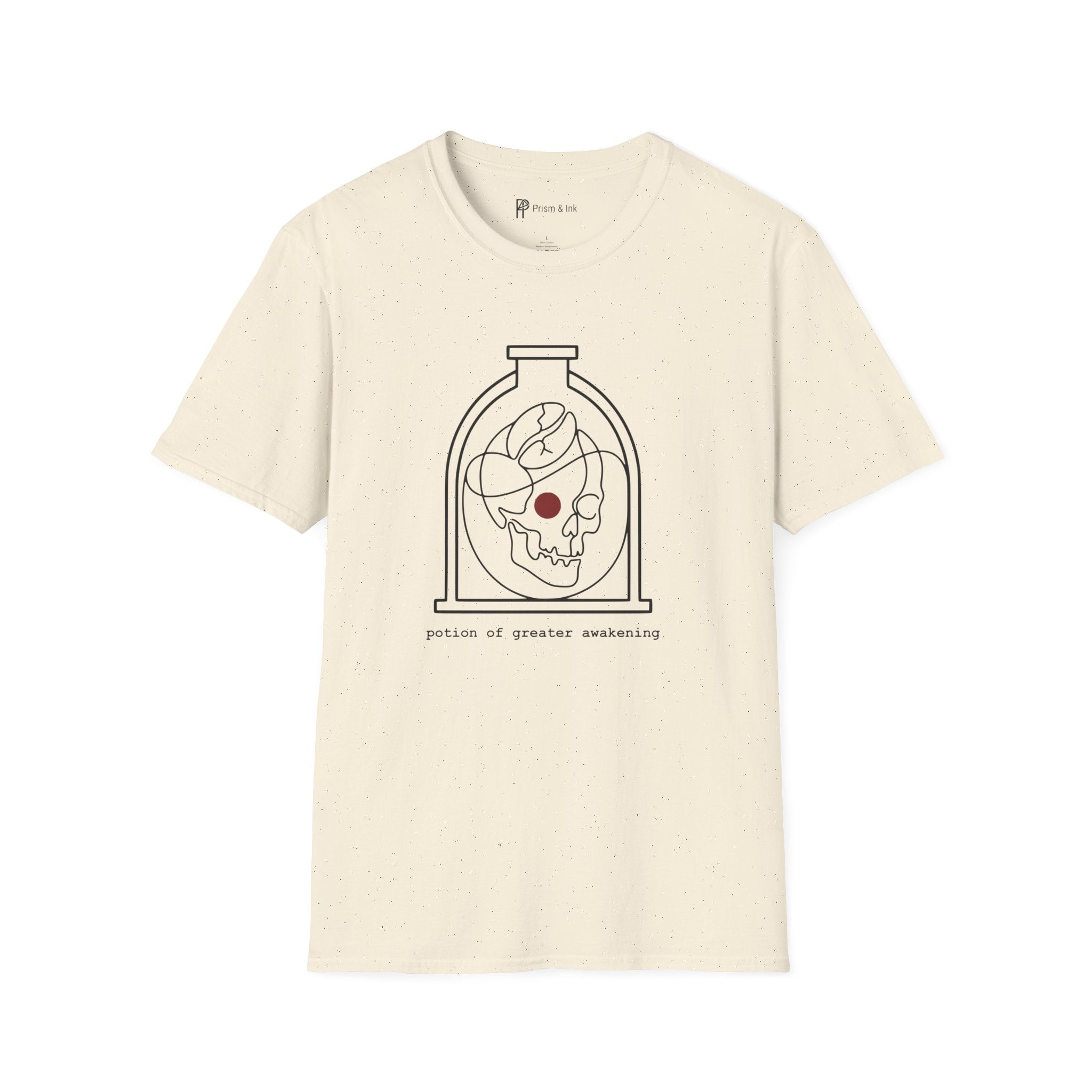 Potion of Greater Awakening T-Shirt — Minimalist Alchemy Flask & Coffee Bean Art
