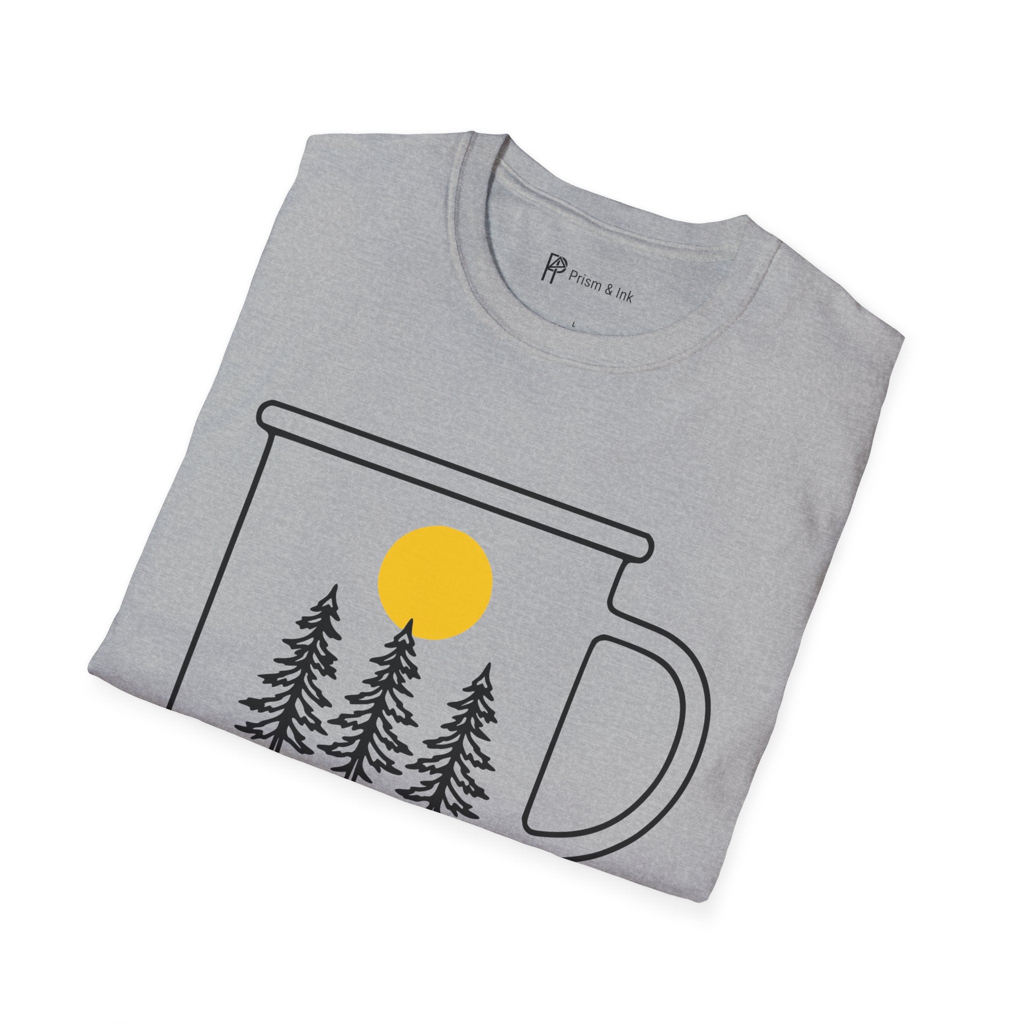 Wild & Awake T-Shirt — Outdoor Enamel Mug and Pine Forest