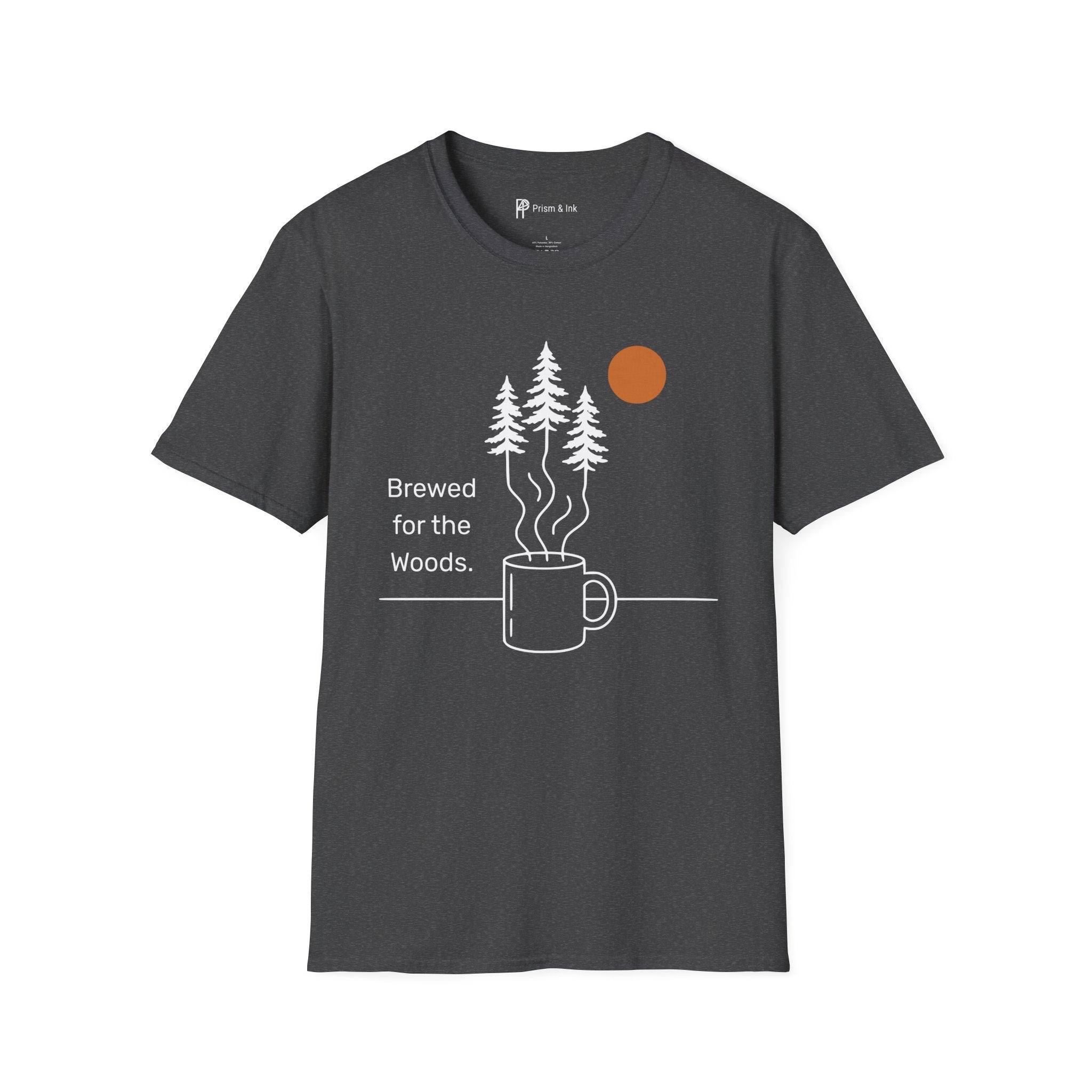 Brewed for the Woods T-Shirt — Coffee Steam Pine Tree Graph