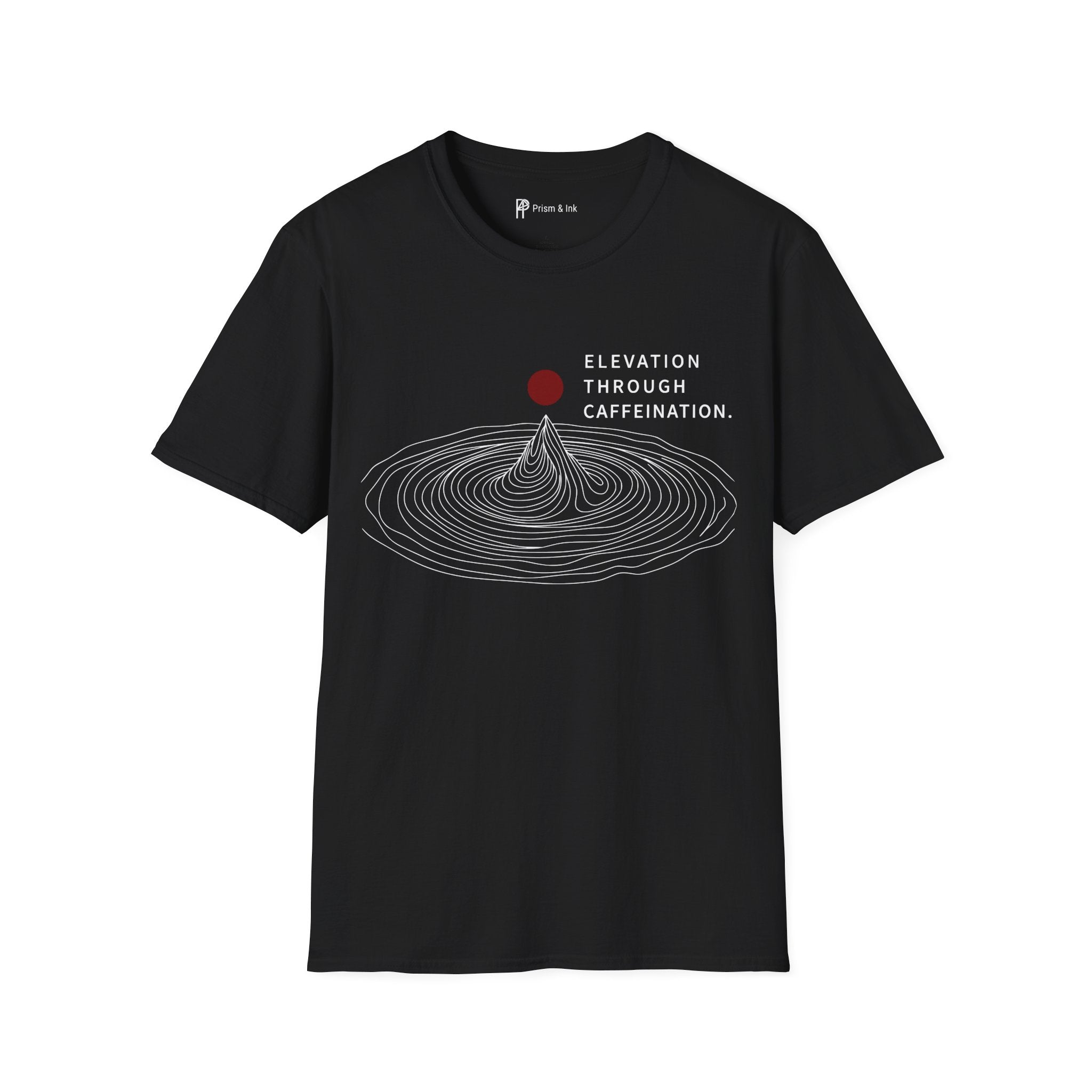 Elevation Through Caffeination T-Shirt — Topographic Peak and Caffeination Graph