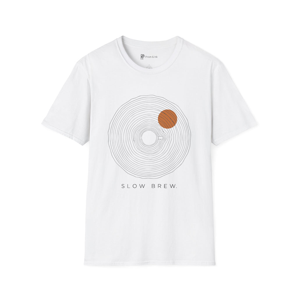 Slow Brew T-Shirt — Tree Ring Growth and Coffee Cup Silhouette