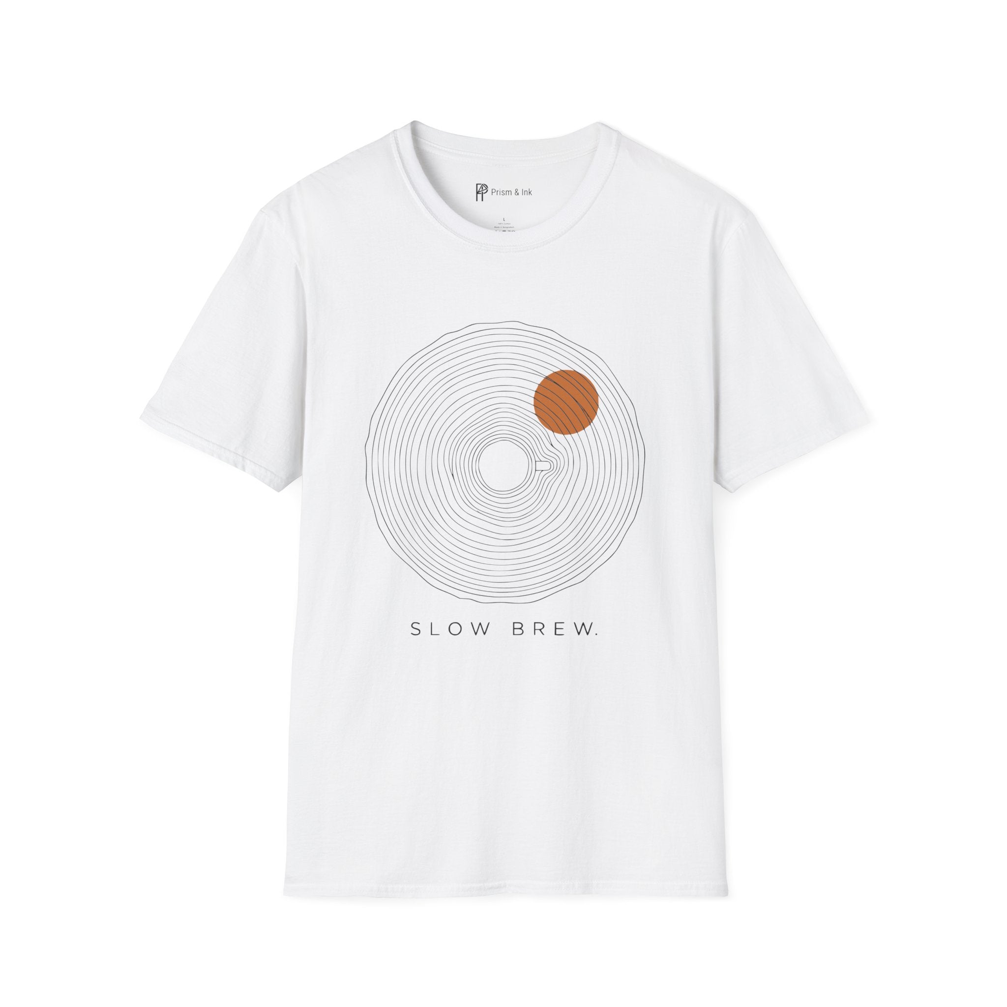 Slow Brew T-Shirt — Tree Ring Growth and Coffee Cup Silhouette